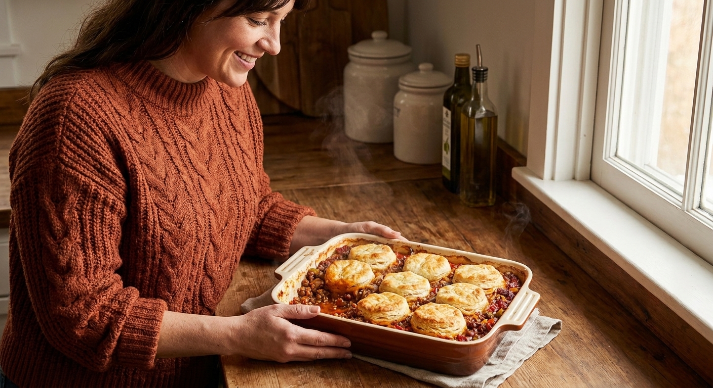 A baked casserole with browned biscuits on top and sloppy joe filling visible around the edges