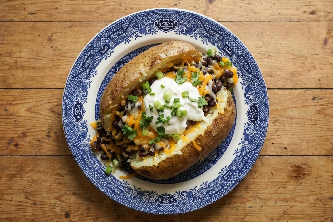 A baked potato split open and topped with black beans, shredded cheese, and a dollop of Greek yogurt on a dinner plate
