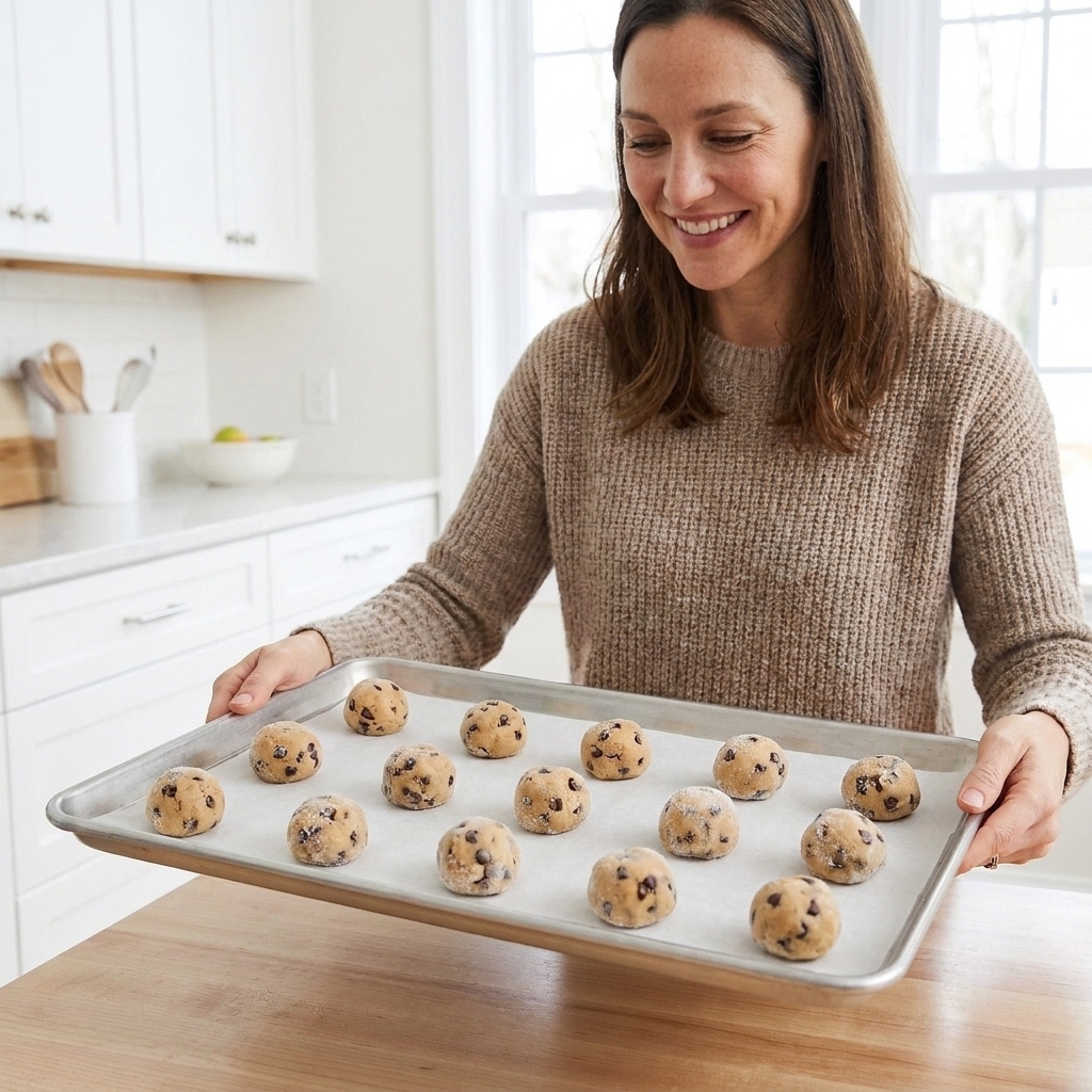 A baking sheet lined with frozen cookie dough balls spaced out and ready for the oven