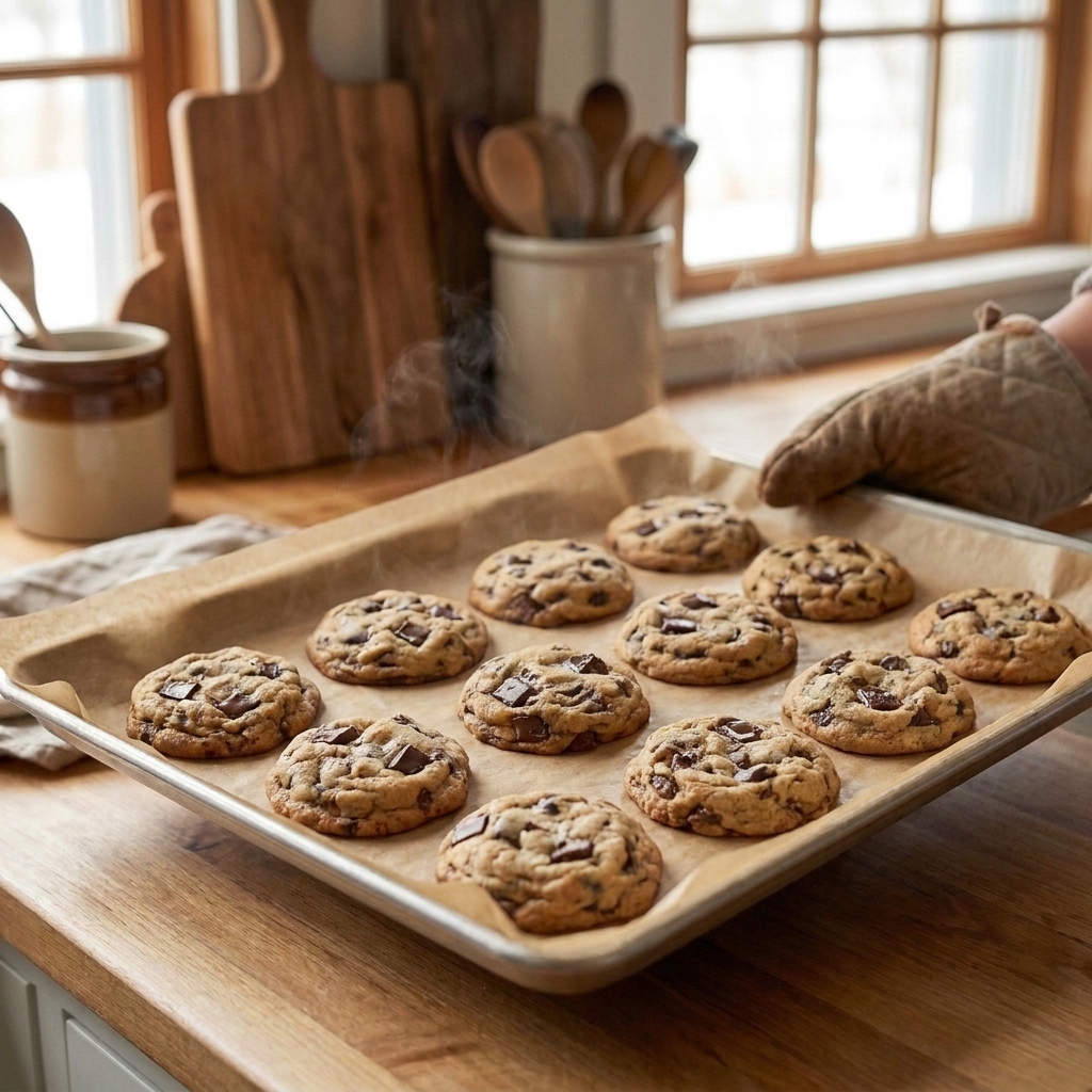 A baking sheet of freshly baked chocolate chip cookies just out of the oven with lightly golden edges and soft centers