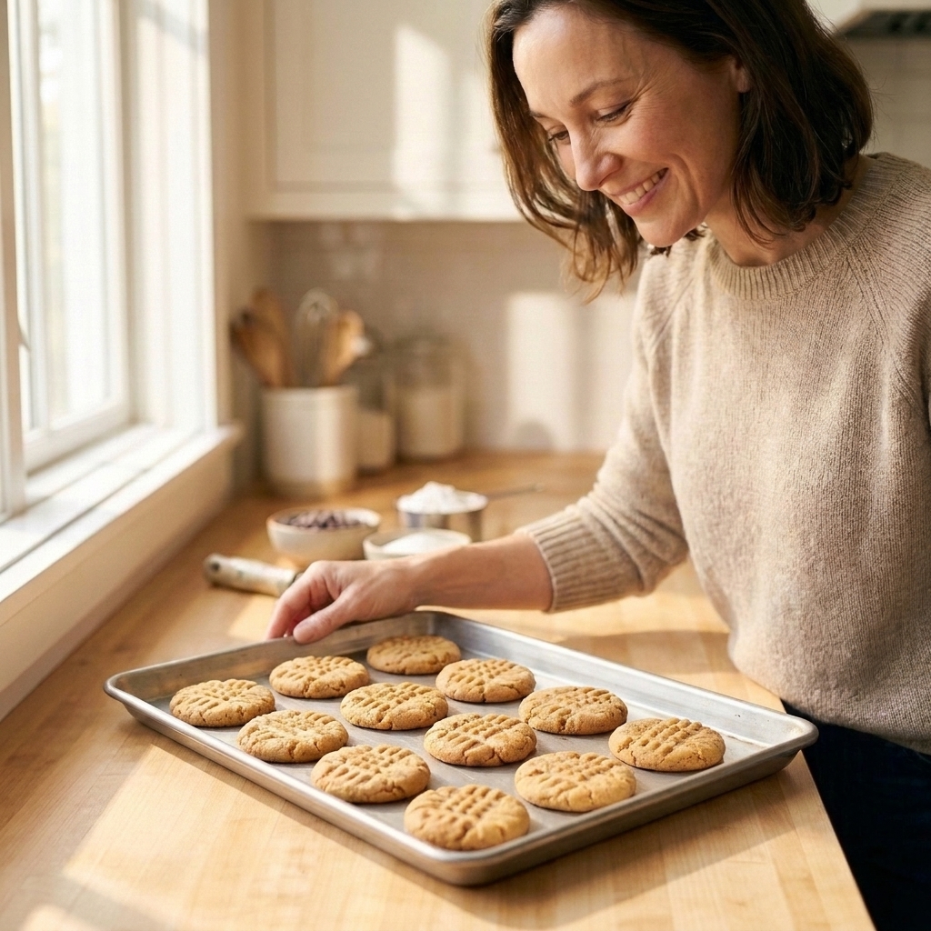A baking sheet with freshly baked peanut butter cookies showing classic fork marks