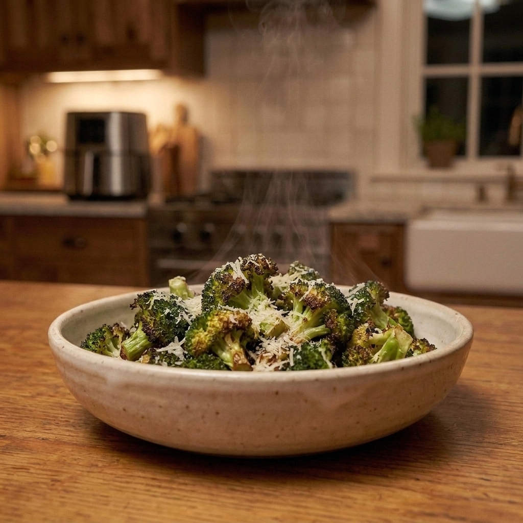 A bowl of air fryer broccoli florets with browned tips and a sprinkle of grated Parmesan