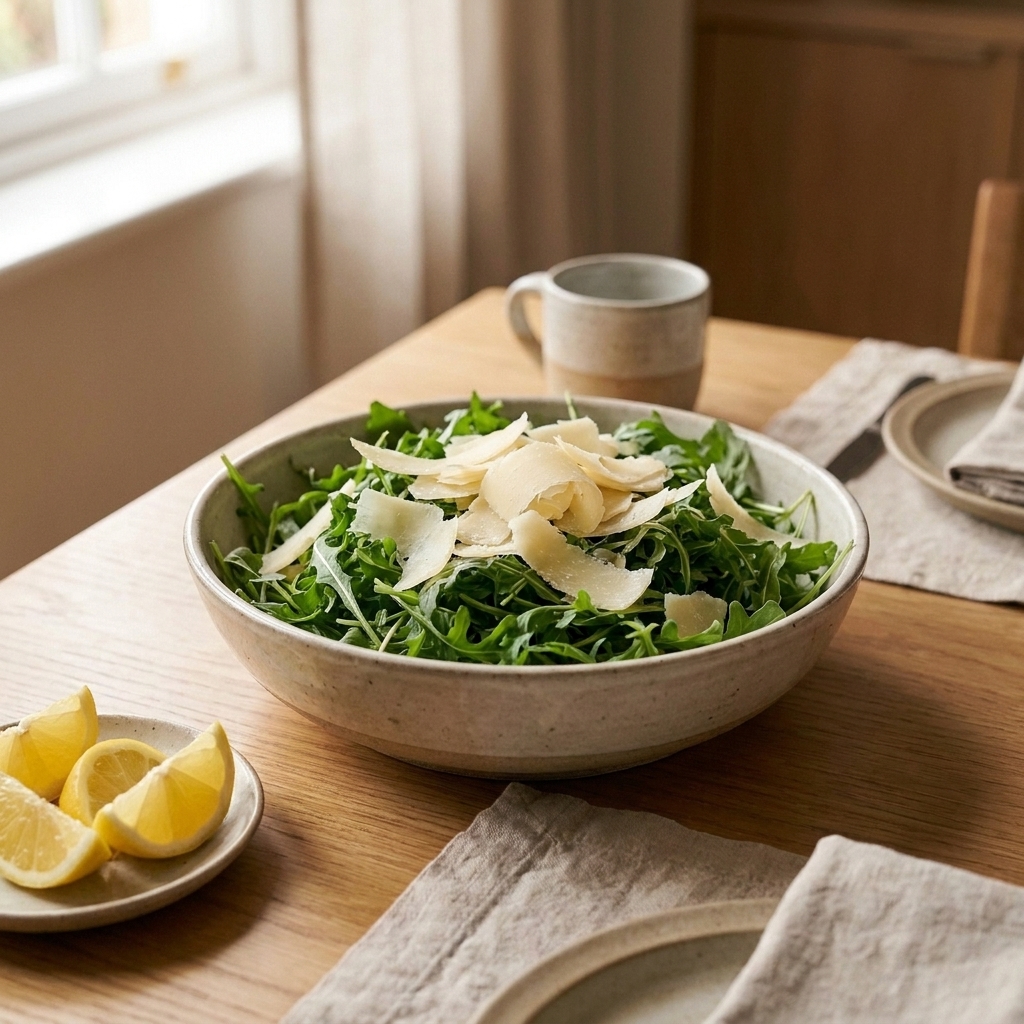 A bowl of arugula salad with shaved Parmesan and lemon wedges on the side