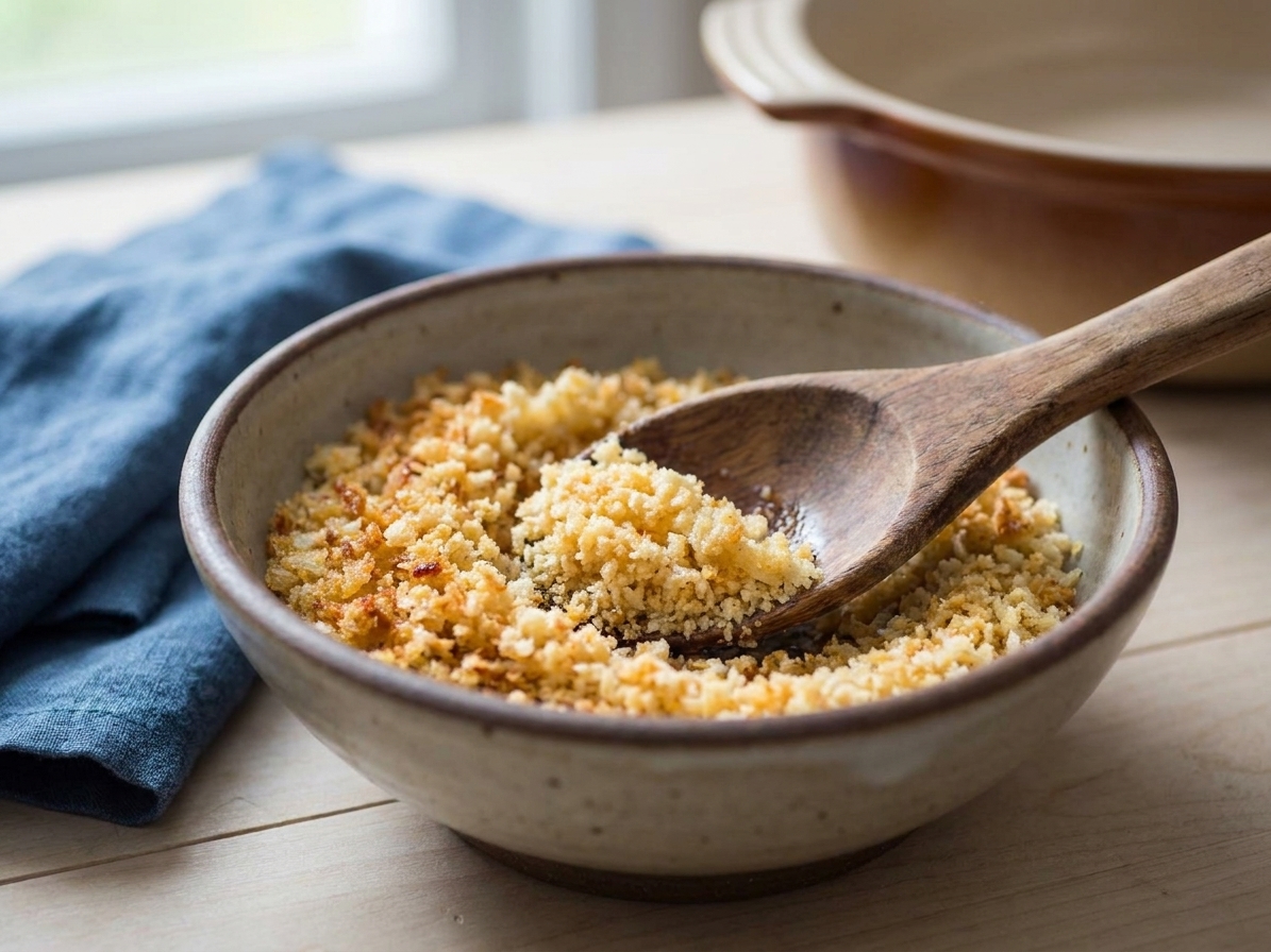 A bowl of buttery toasted panko breadcrumbs with a spoon, ready to sprinkle over a casserole