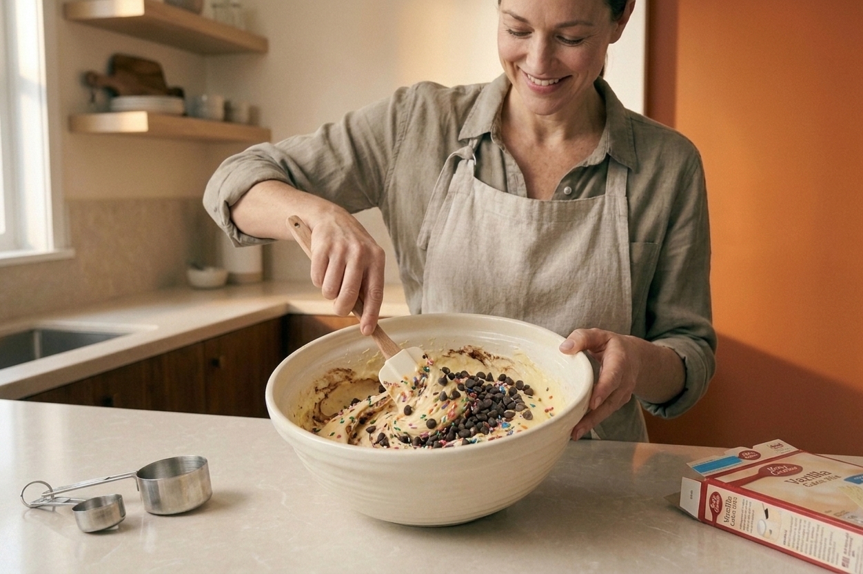 A bowl of cake batter with chocolate chips and rainbow sprinkles being folded in with a silicone spatula