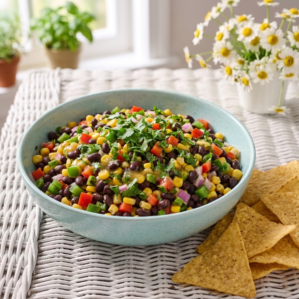 A bowl of cowboy caviar with black beans, corn, bell peppers, and cilantro beside tortilla chips