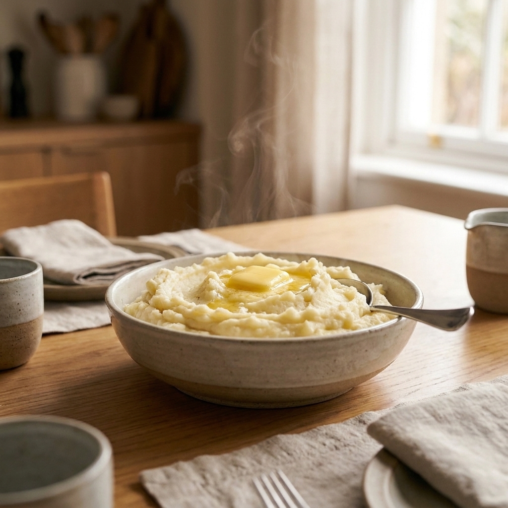 A bowl of creamy mashed potatoes with a pat of butter melting on top on a wooden table