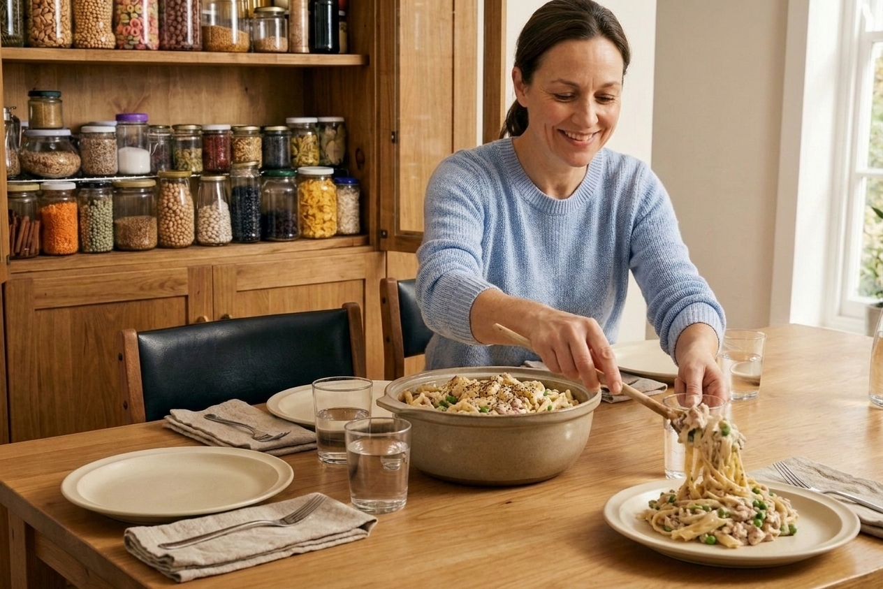 A bowl of creamy pasta with tuna and peas, topped with black pepper on a simple dinner plate