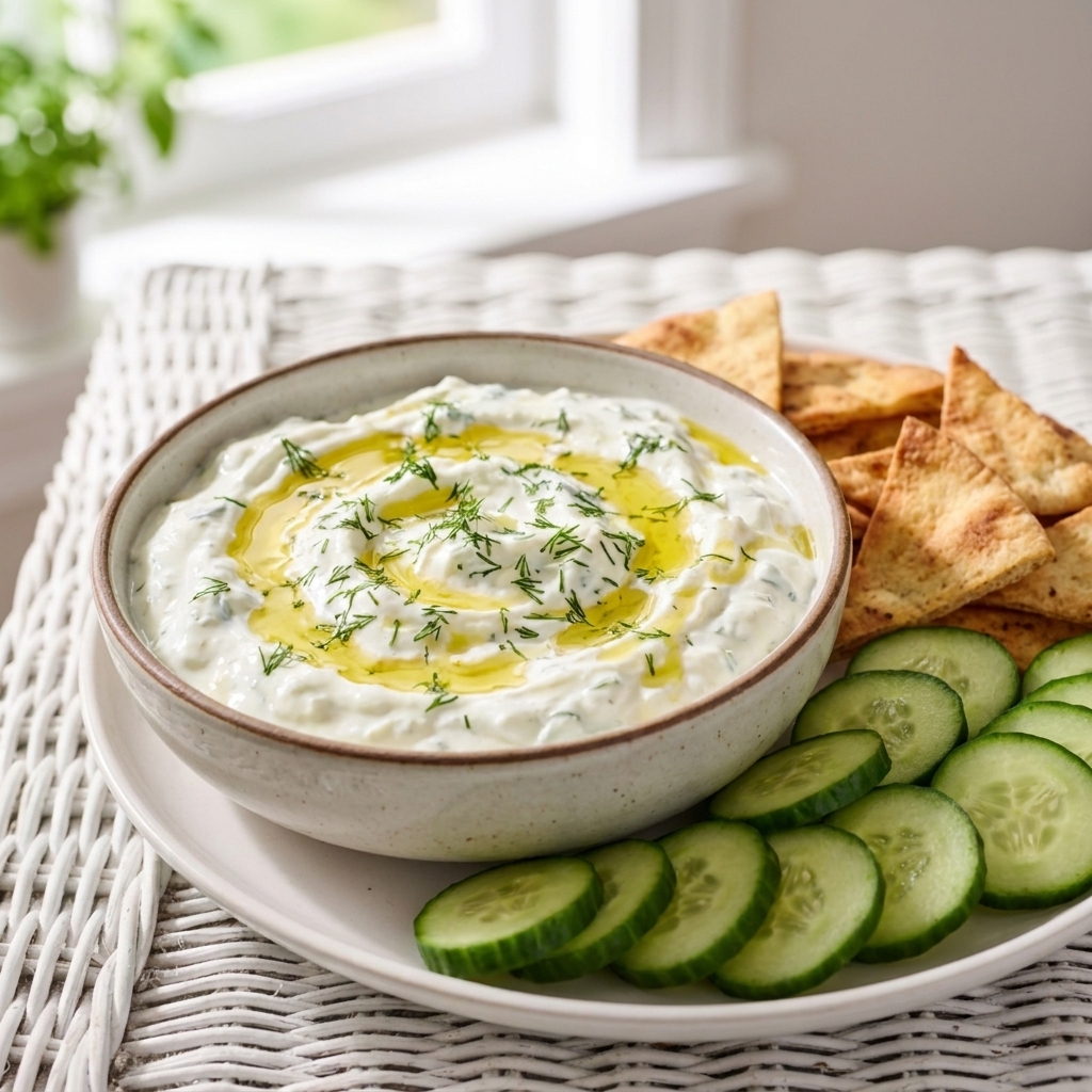 A bowl of creamy tzatziki topped with olive oil and dill beside sliced cucumbers and pita chips