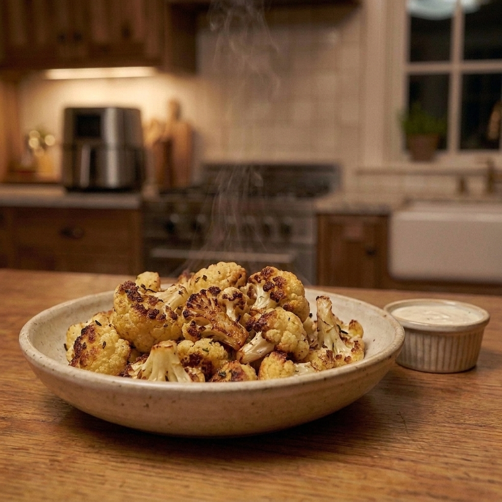 A bowl of crisp air fryer cauliflower bites with browned edges and a small ramekin of dipping sauce