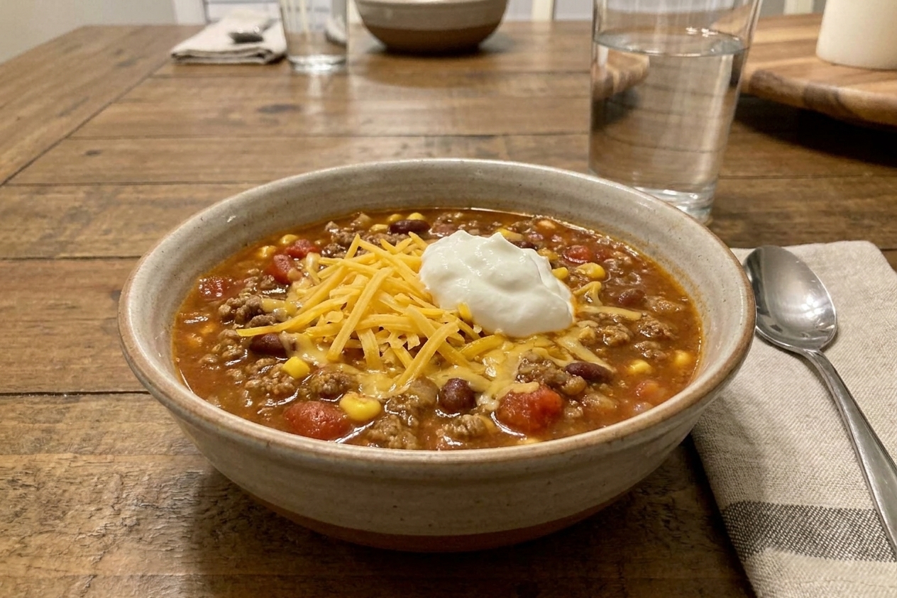 A bowl of hearty taco soup topped with shredded cheese and a dollop of yogurt on a dinner table