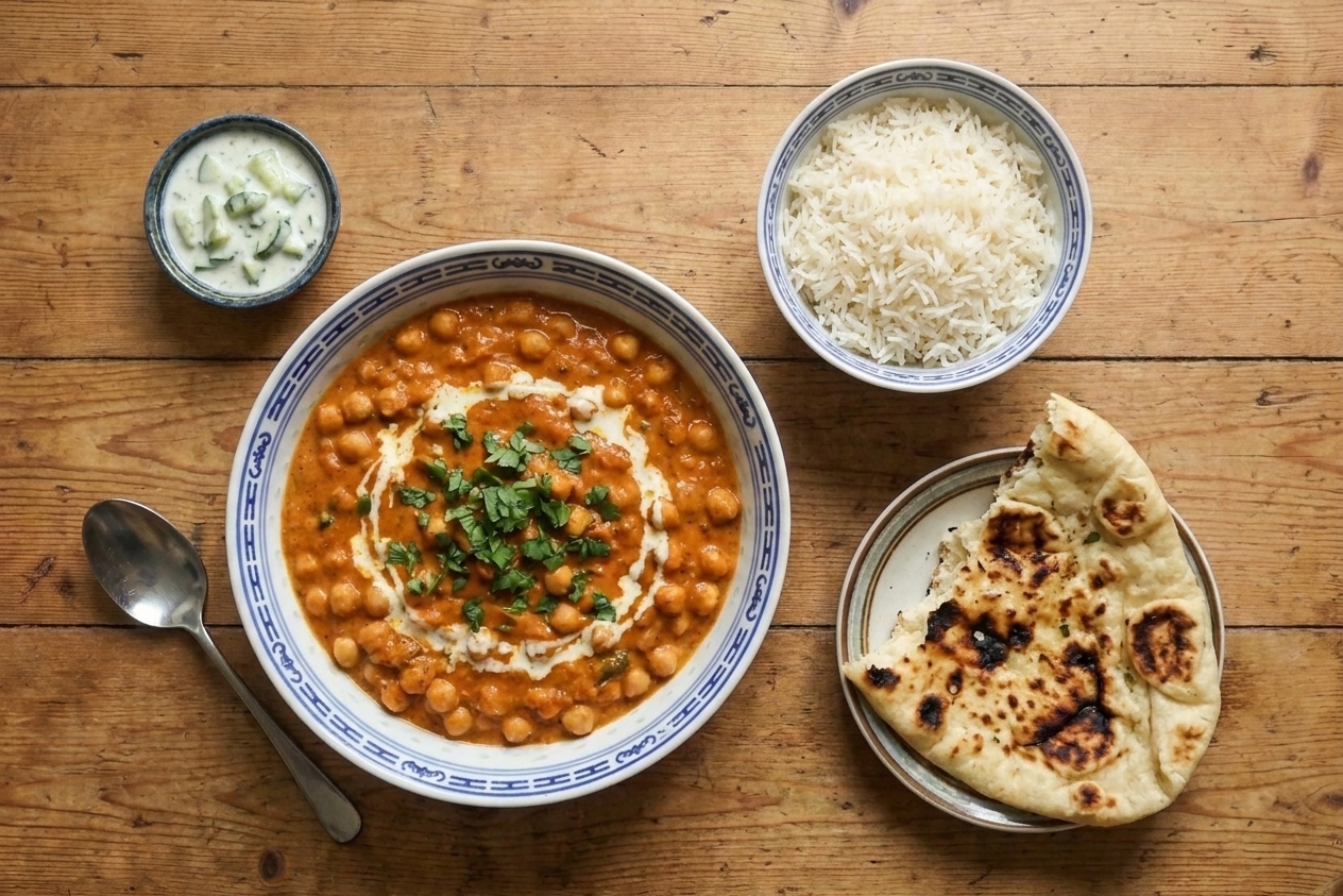 A bowl of mild chickpea tikka masala served with rice and a piece of naan on the side, set on a wooden table