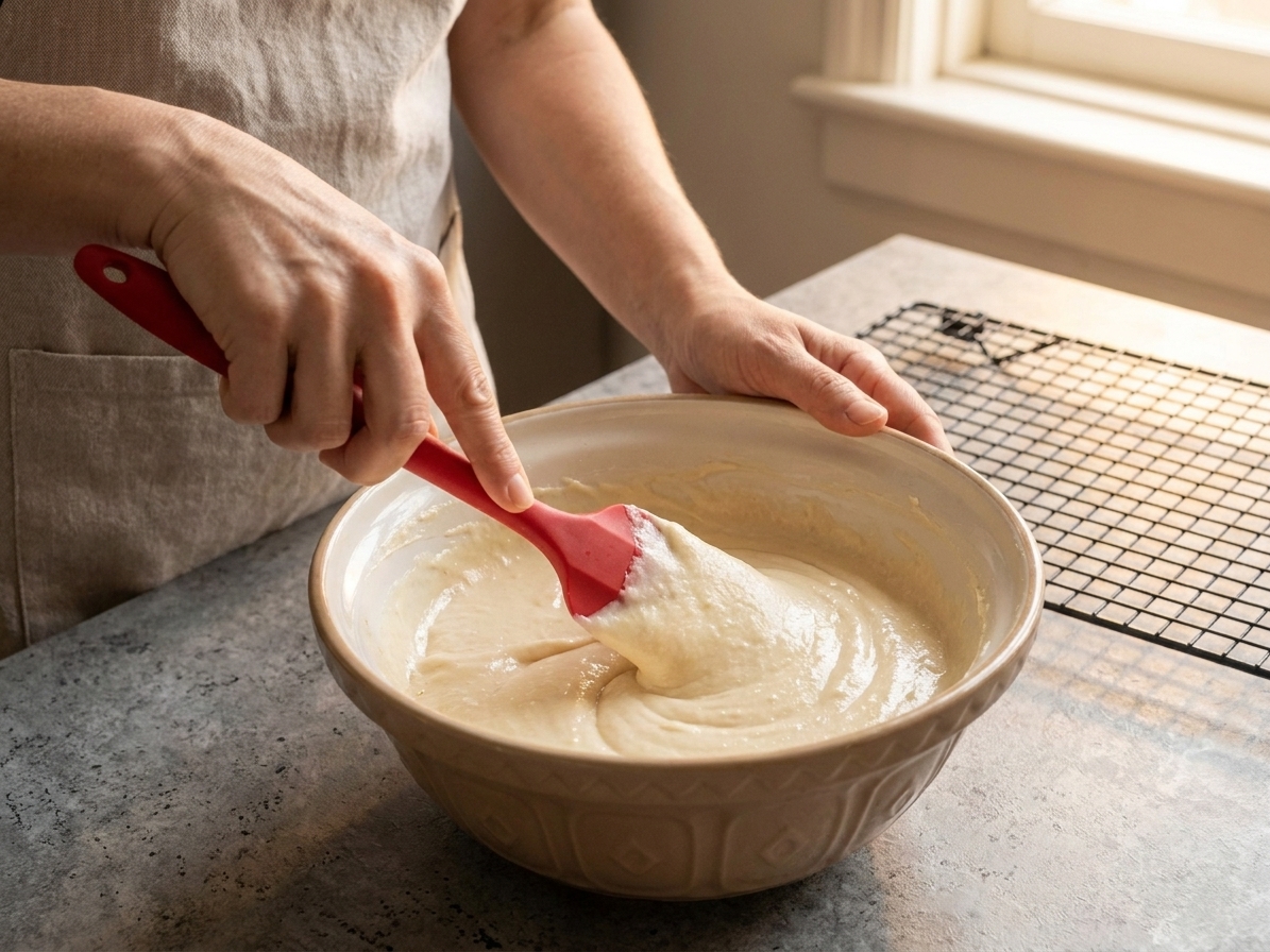 A bowl of pale cake batter being gently folded with a rubber spatula on a kitchen counter
