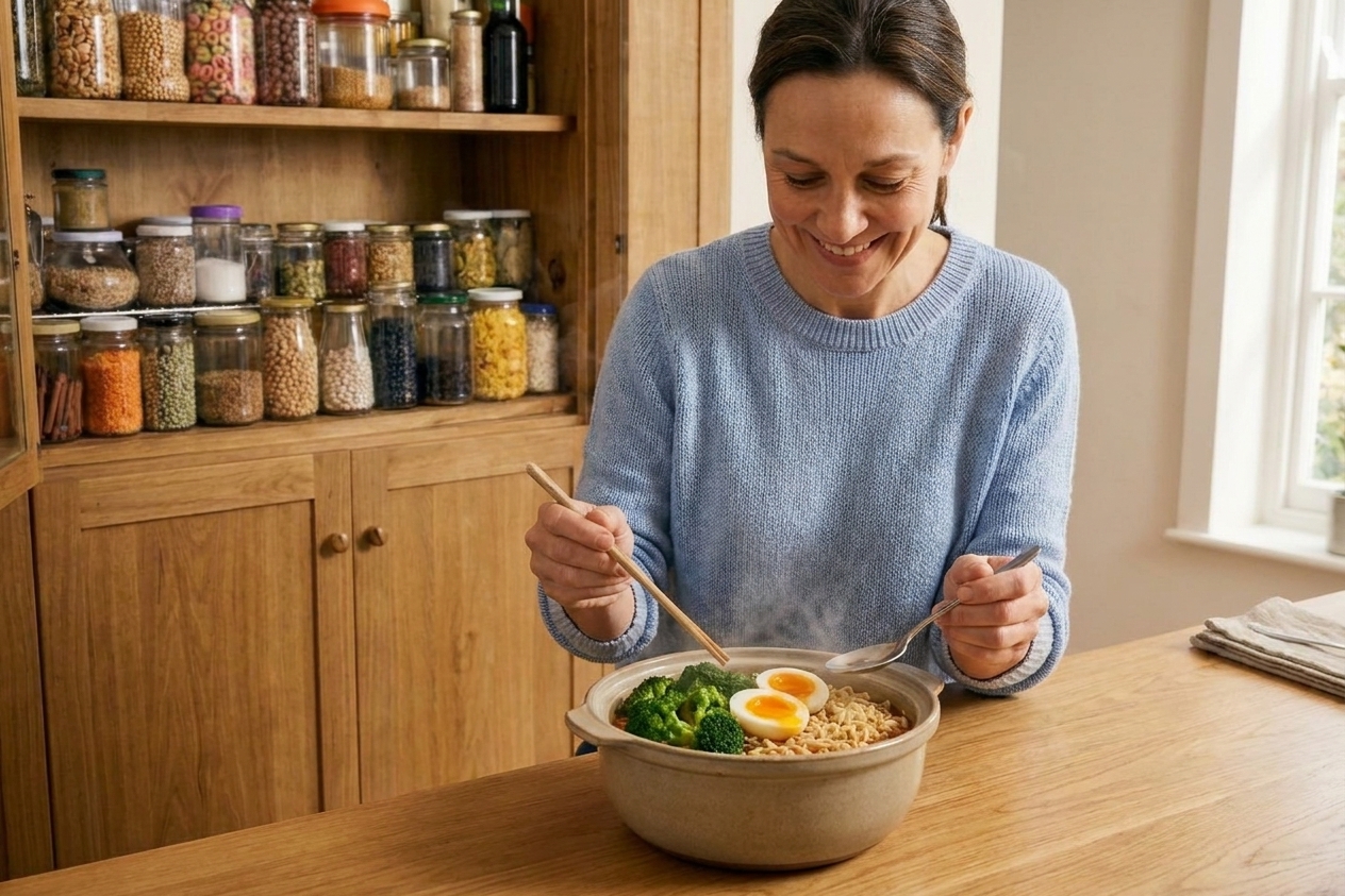 A bowl of ramen noodles with broccoli and a halved soft-boiled egg on top, steam rising