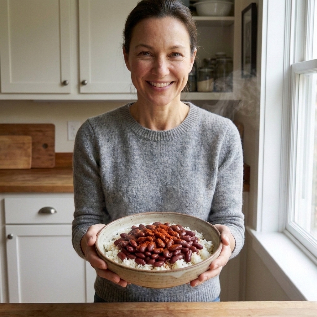 A bowl of red beans spooned over white rice with a sprinkle of paprika