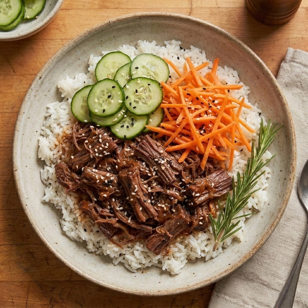 A bowl of rice topped with shredded pot roast, sliced cucumbers, shredded carrots, and sesame seeds