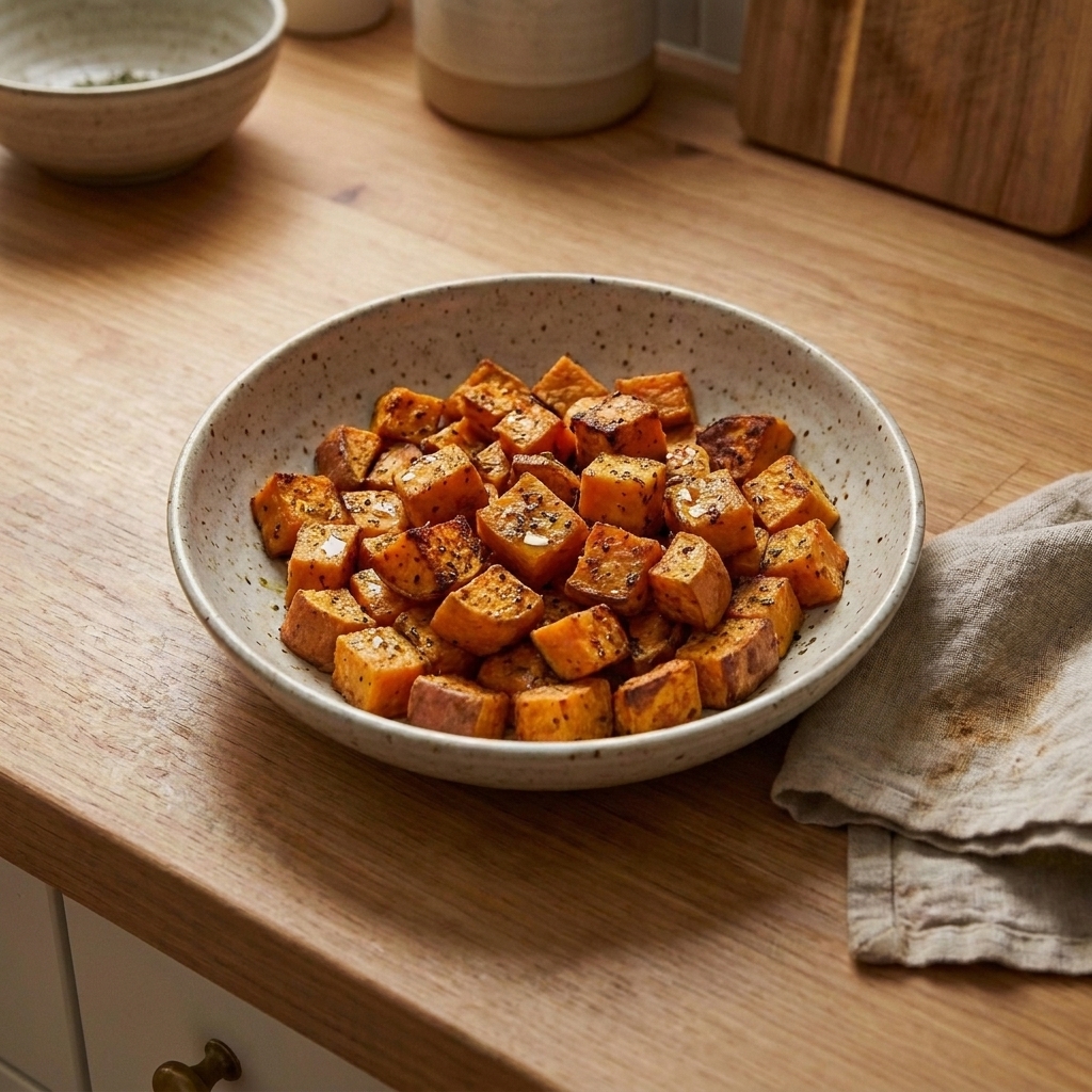 A bowl of roasted sweet potato cubes with browned edges on a wooden table