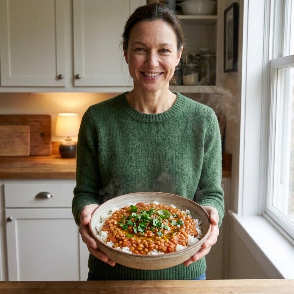 A bowl of saucy tomato lentils spooned over white rice with herbs sprinkled on top