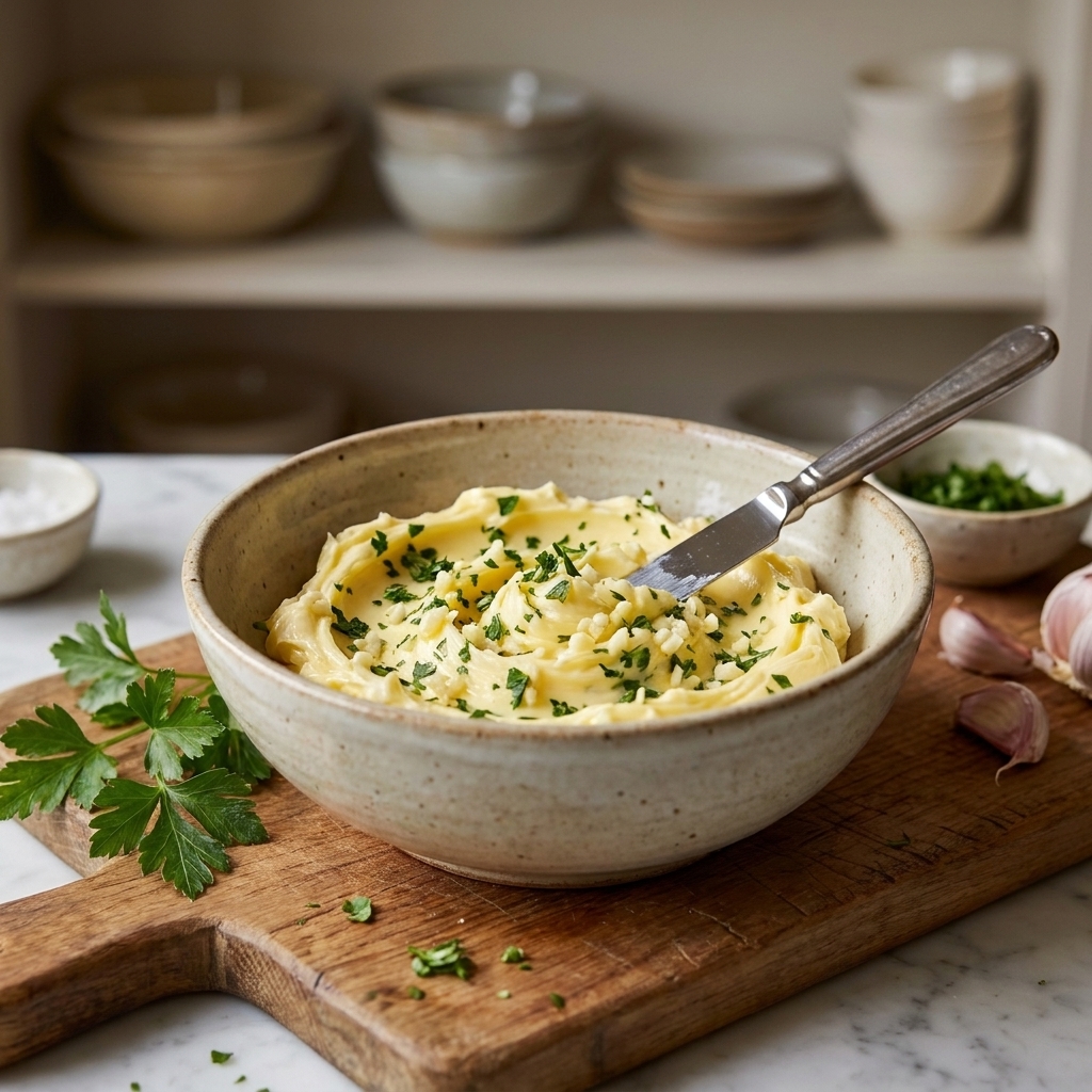 A bowl of softened butter mixed with minced garlic and chopped parsley on a kitchen counter, ready to spread