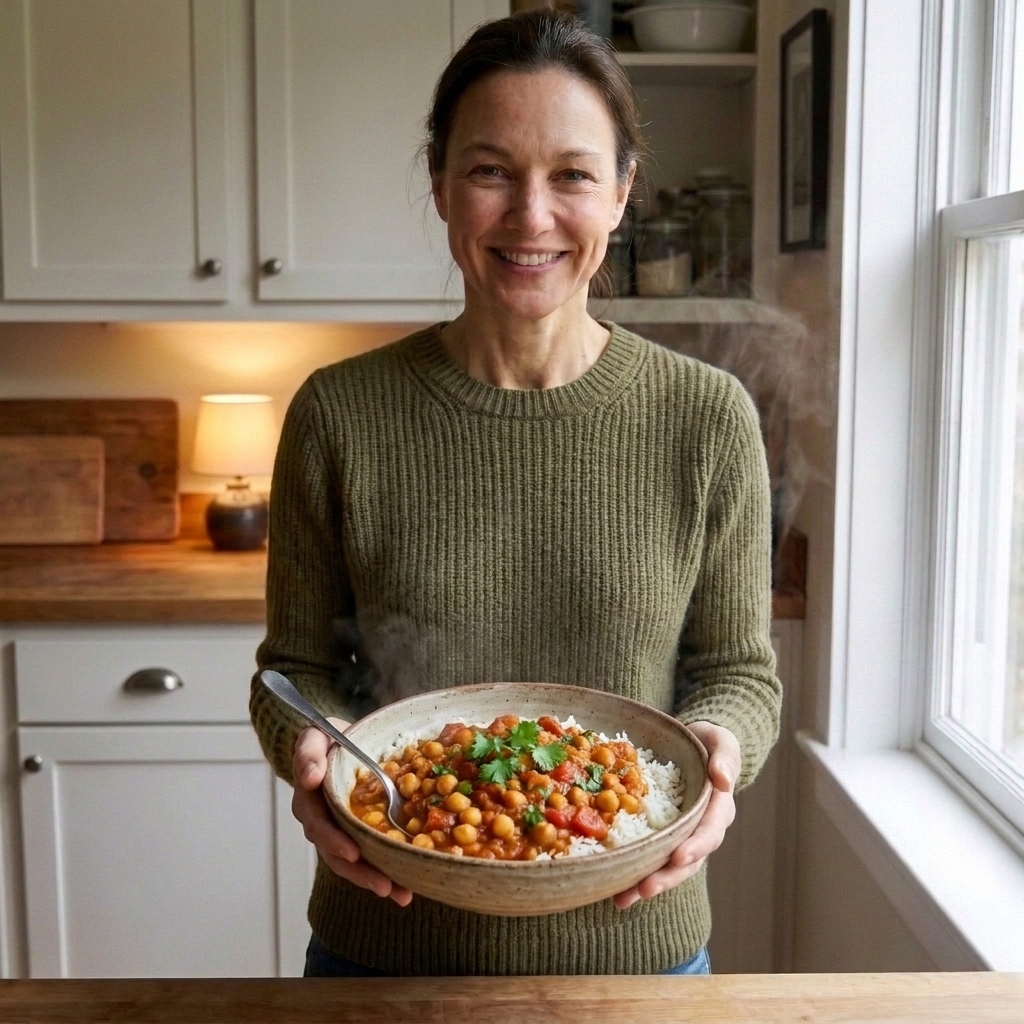A bowl of tomato-based chickpea curry served over rice with a spoon on the side