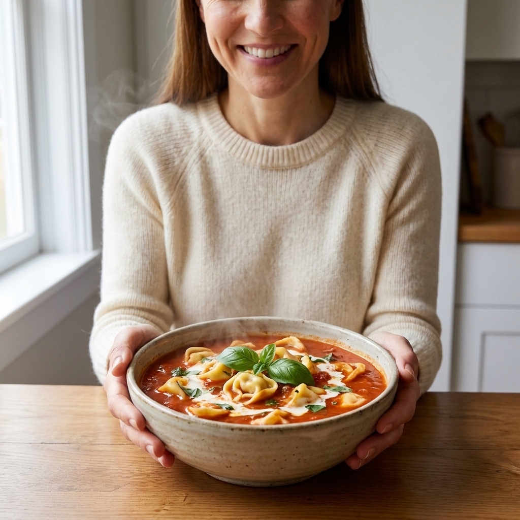 A bowl of tomato tortellini soup with cheese tortellini visible on the surface and a swirl of cream