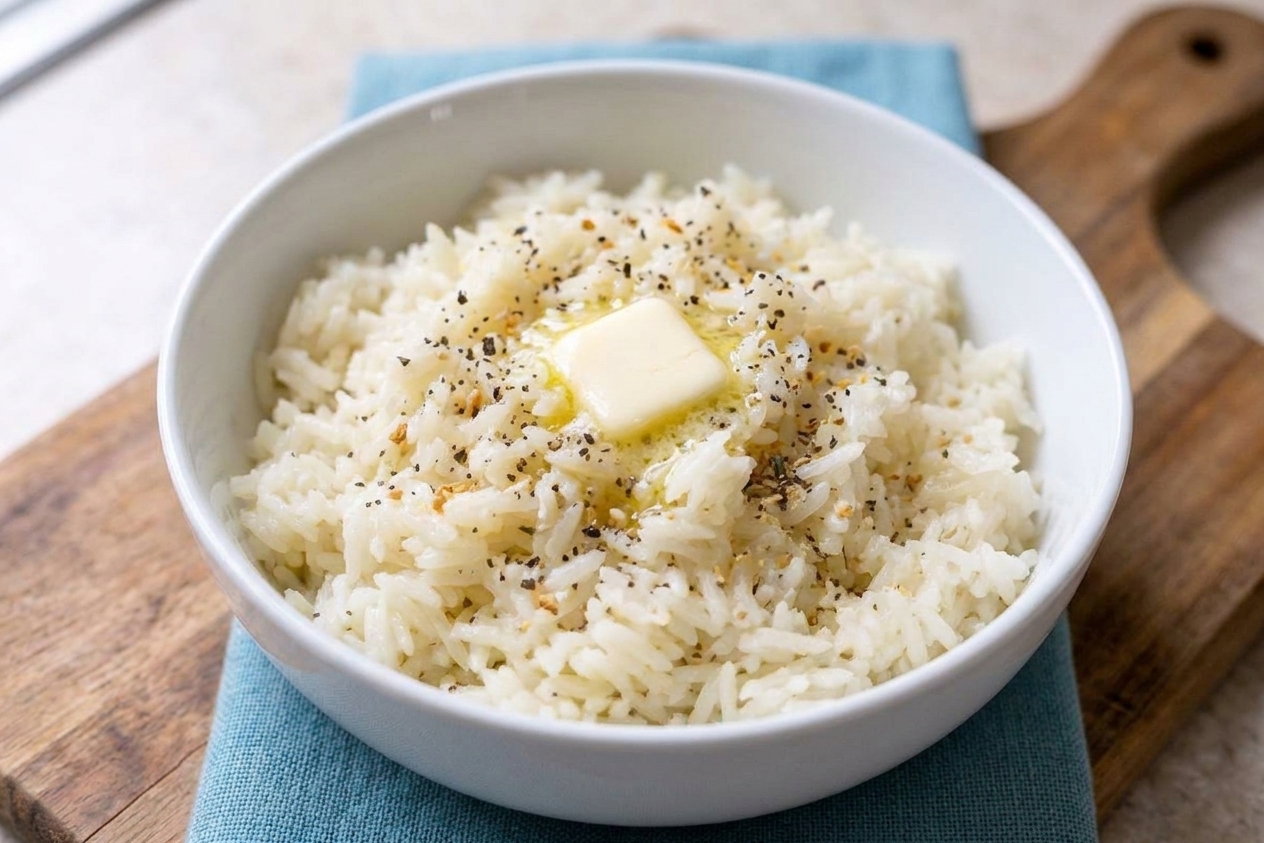 A bowl of white rice topped with everything bagel seasoning and a small pat of butter melting on top