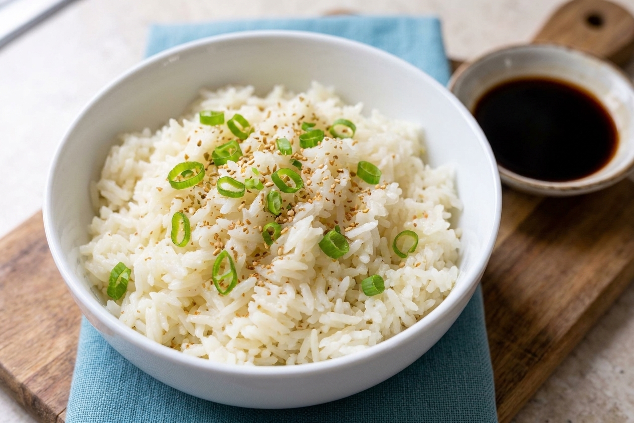 A bowl of white rice topped with sliced scallions and toasted sesame seeds with a small dish of soy sauce nearby