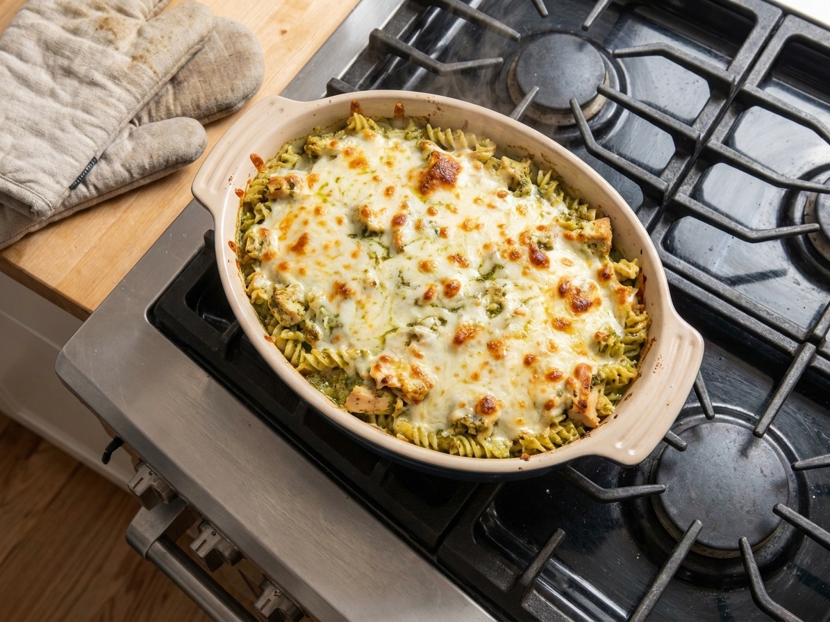 A bubbling chicken pesto pasta bake in a ceramic casserole dish with browned mozzarella on top resting on a stovetop
