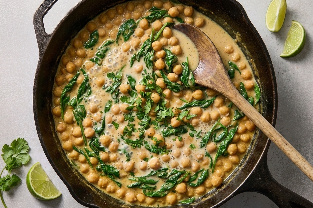 A bubbling skillet of chickpea curry with wilted spinach and a creamy coconut sauce