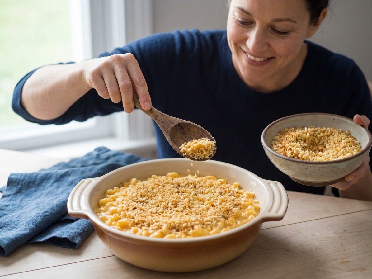A casserole dish of macaroni and cheese being topped with a layer of toasted breadcrumbs before baking