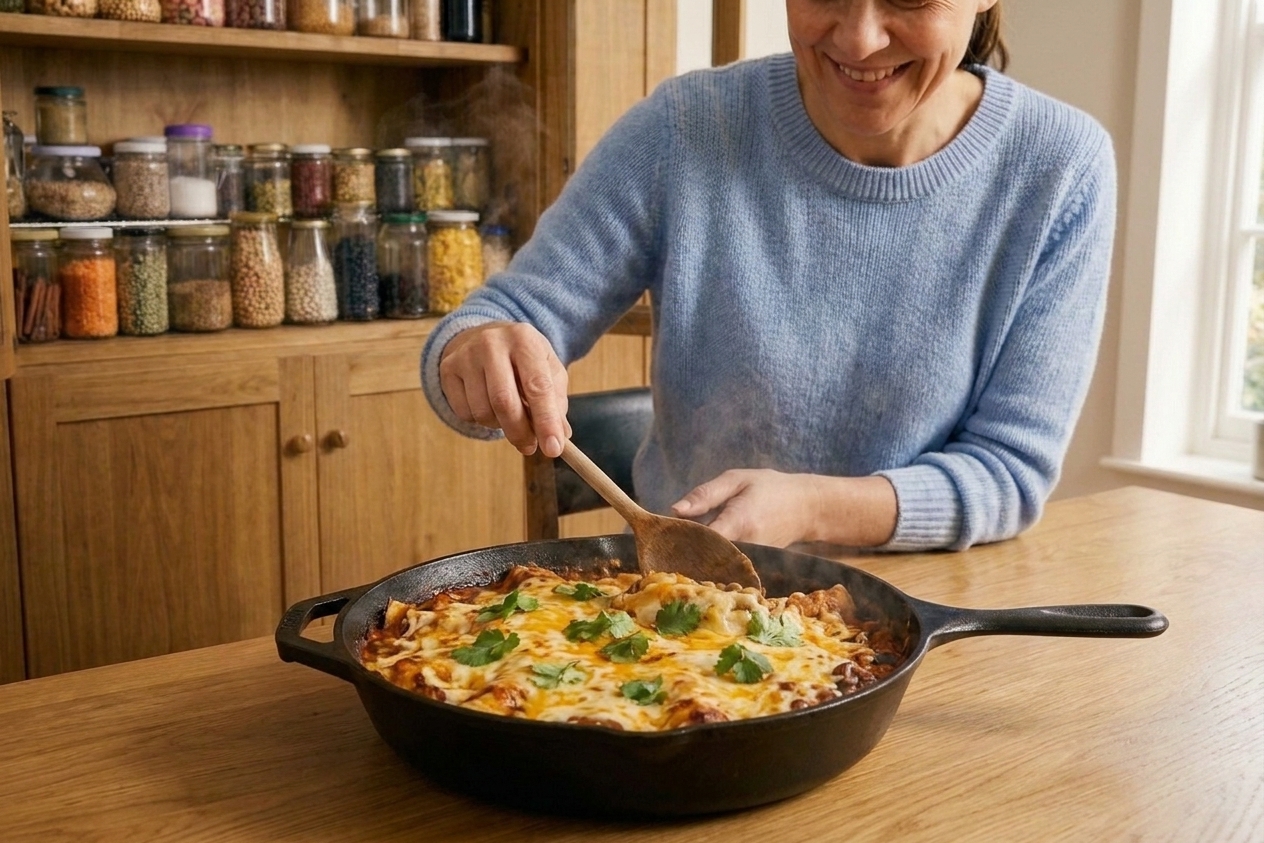 A cast iron skillet filled with a bean enchilada mixture topped with melted cheese and a spoon ready to serve