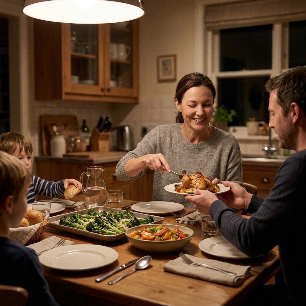 A casual family dinner table with serving bowls of sides, plates, and simple utensils ready to eat