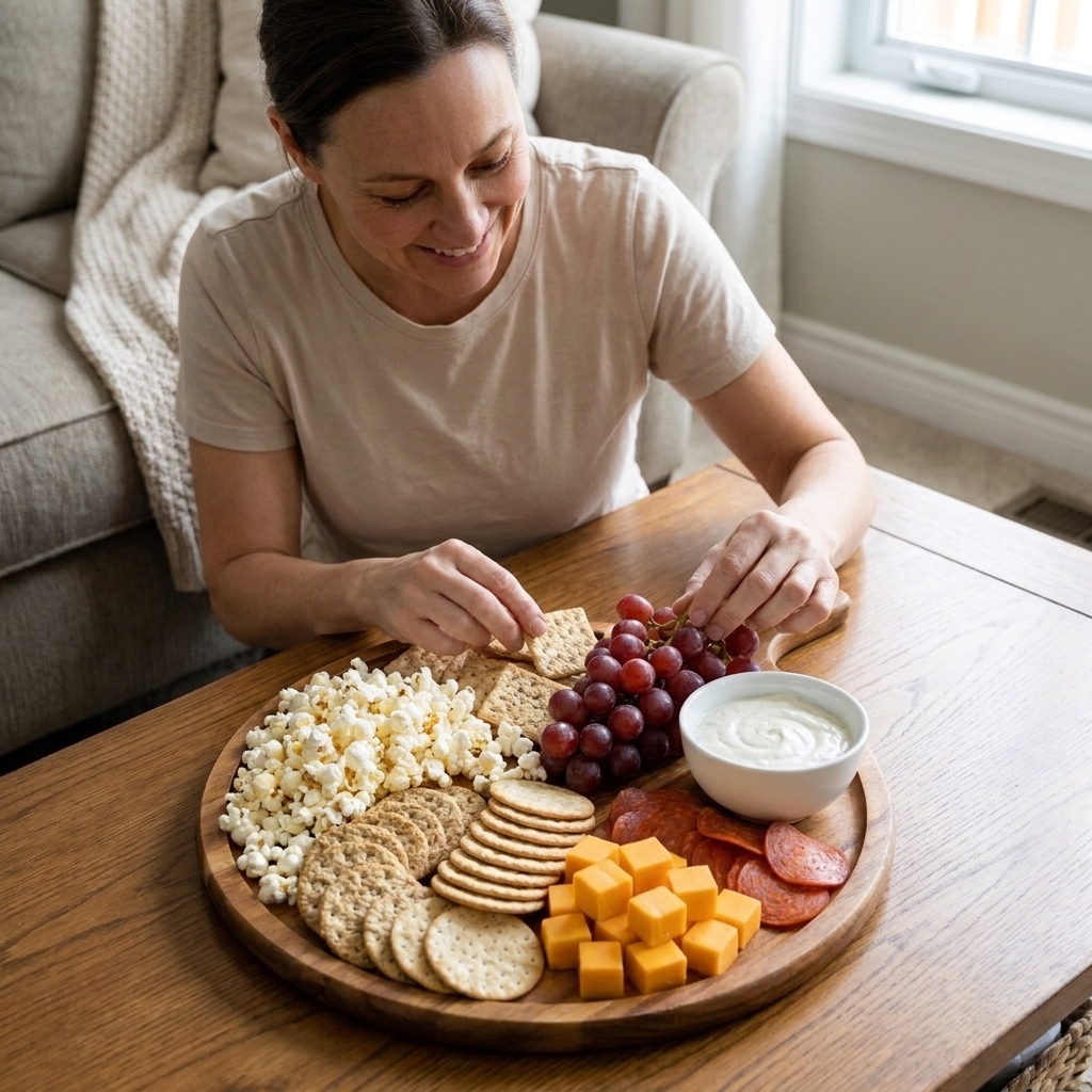 A casual snack board set on a coffee table with popcorn, crackers, cheese cubes, pepperoni, grapes, and a small bowl of dip