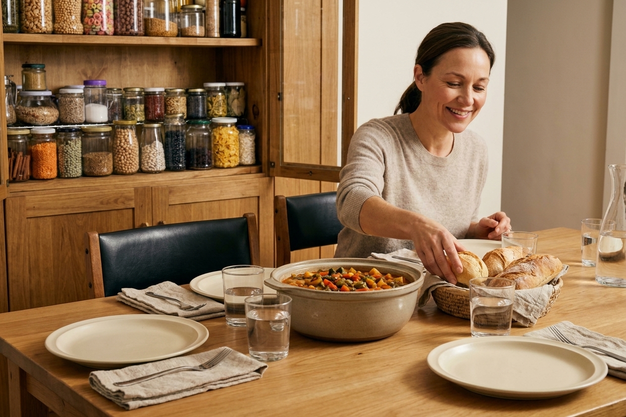 A casual table setting with simple plates, a serving bowl in the center, and glasses of water ready for a family dinner