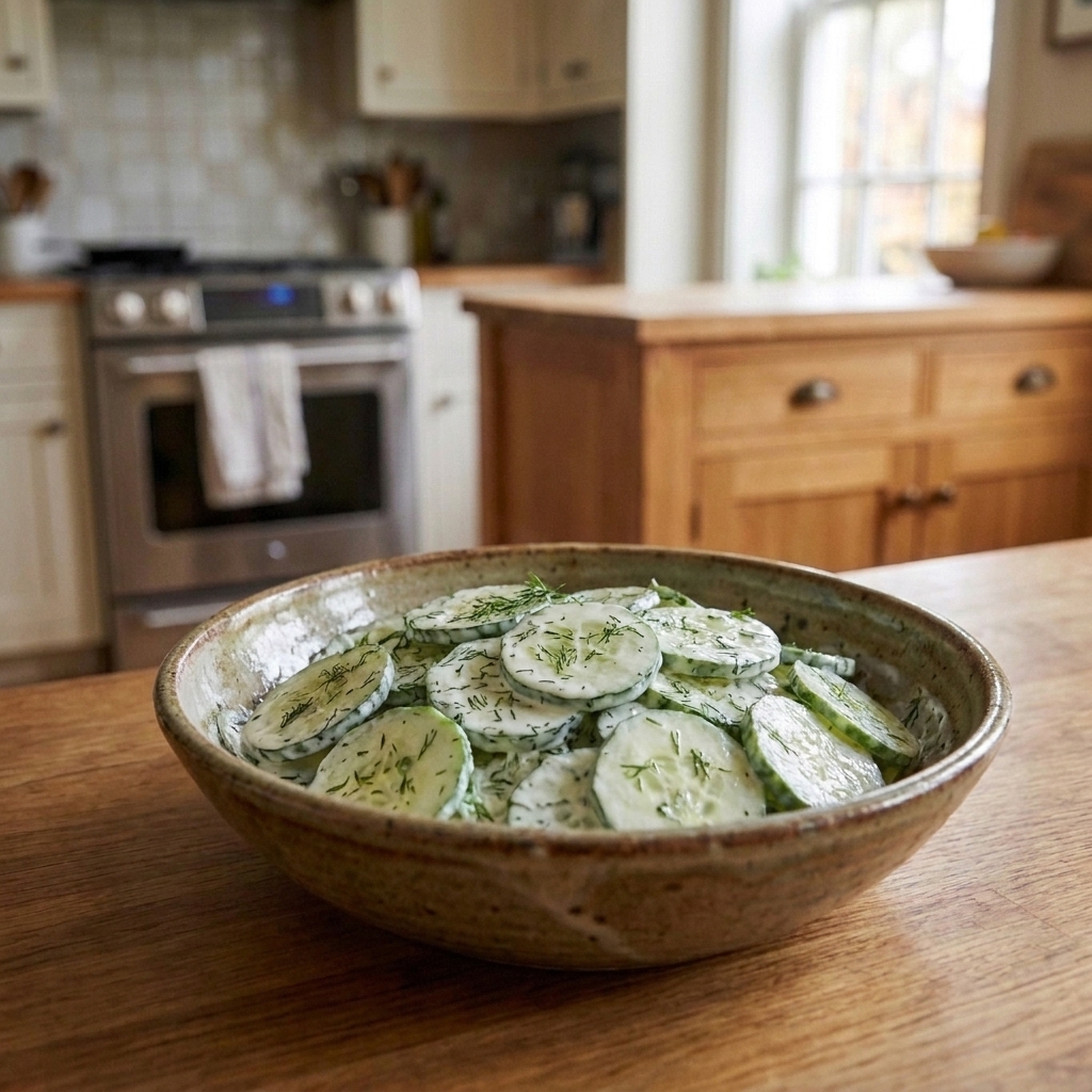 A ceramic bowl filled with creamy cucumber salad speckled with dill on a wooden table