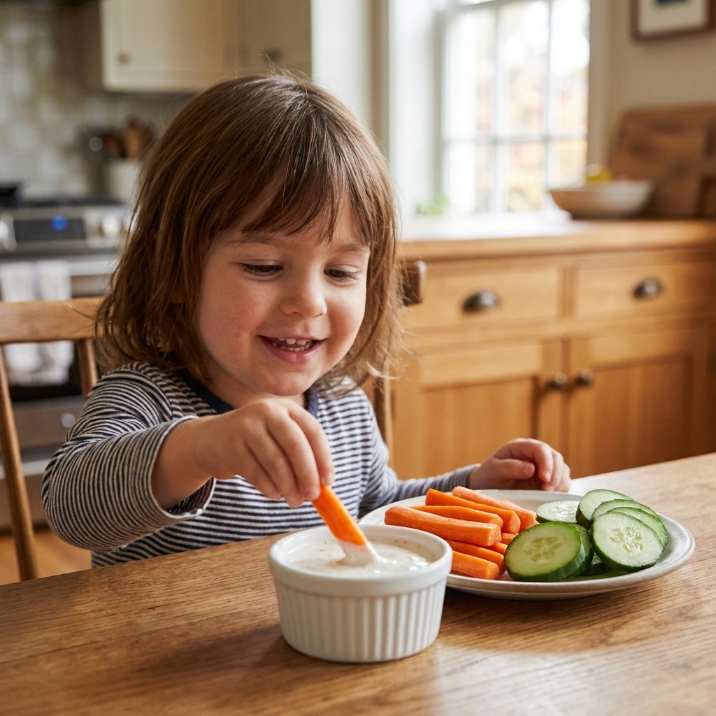 A child dipping carrot sticks and cucumber slices into a small bowl of ranch on a dinner table