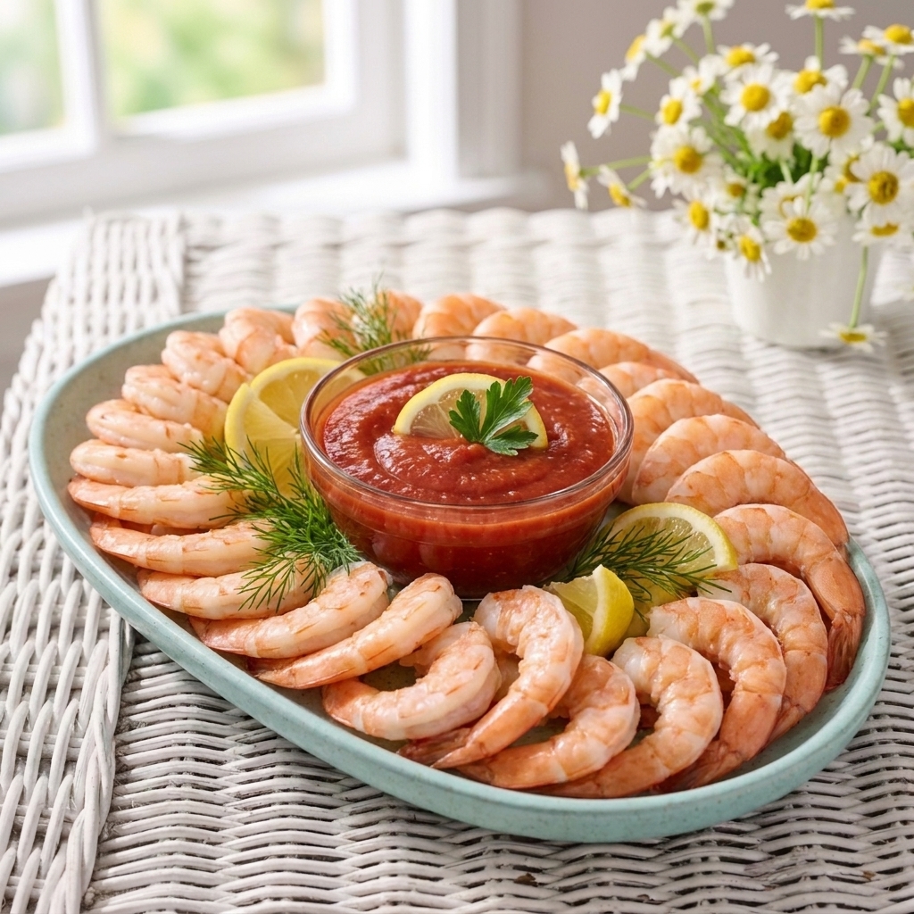 A chilled shrimp cocktail platter with lemon wedges and a bowl of cocktail sauce in the center