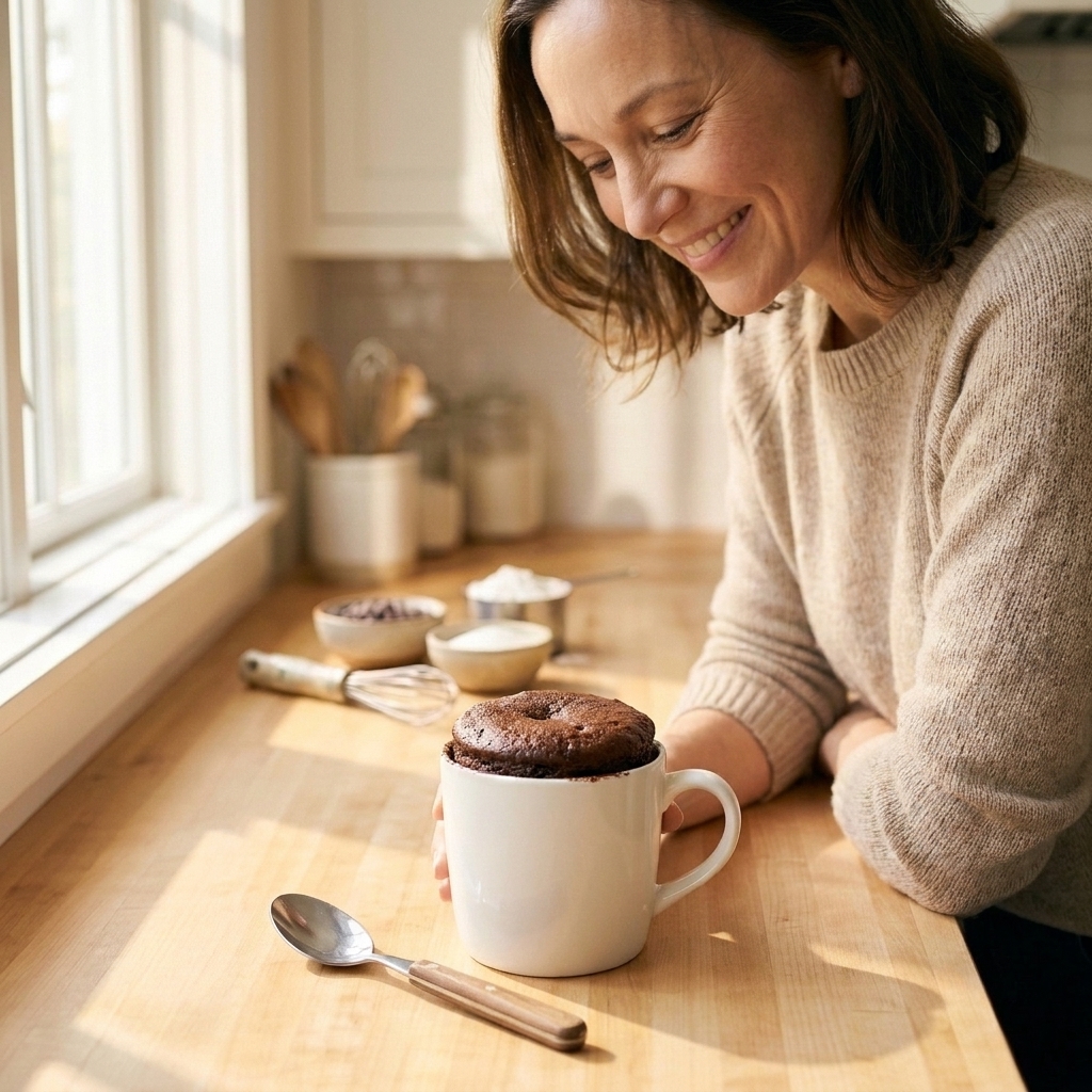 A chocolate mug cake in a white mug with a spoon resting beside it on a kitchen counter