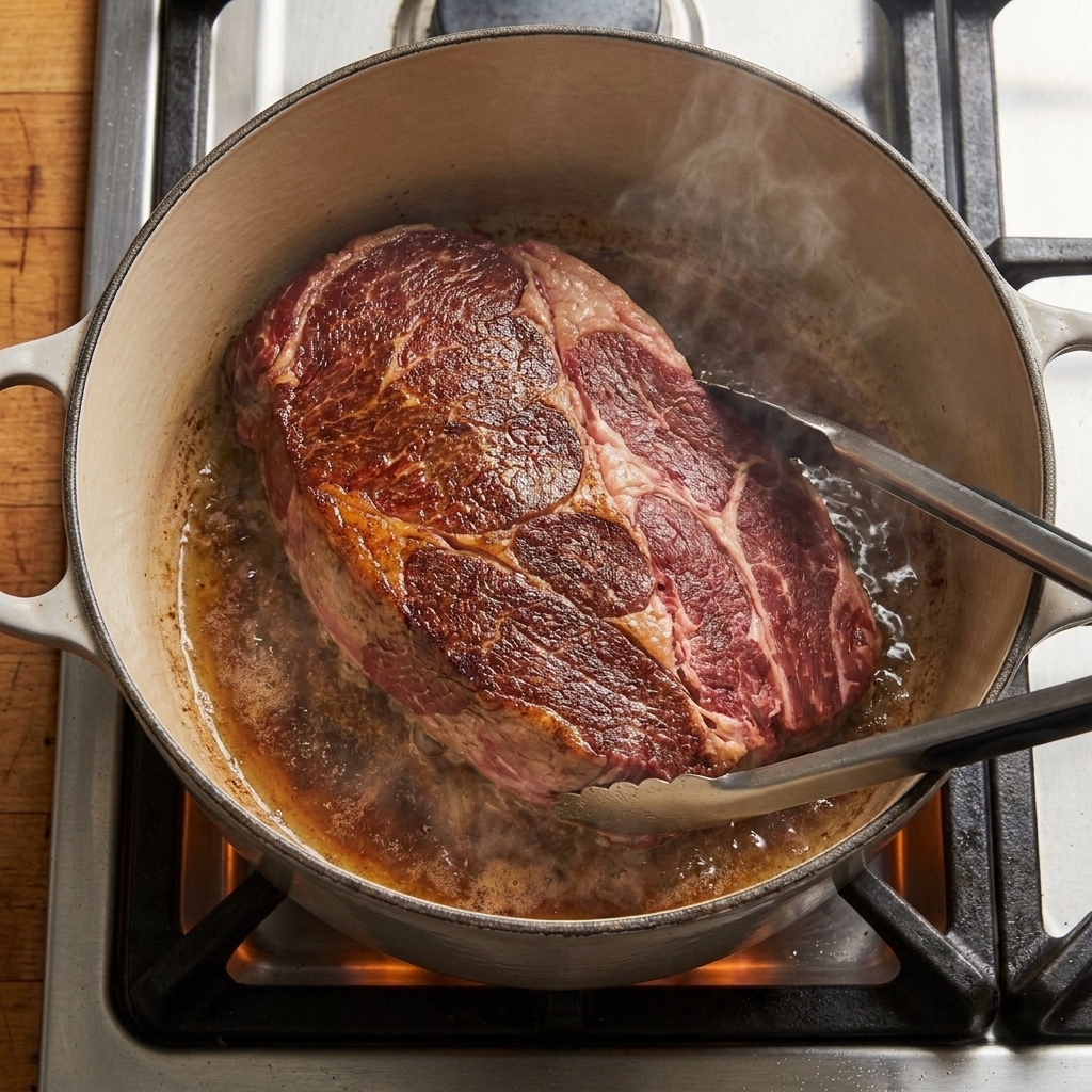A chuck roast being seared in a Dutch oven on a stovetop, with a browned crust forming on the surface