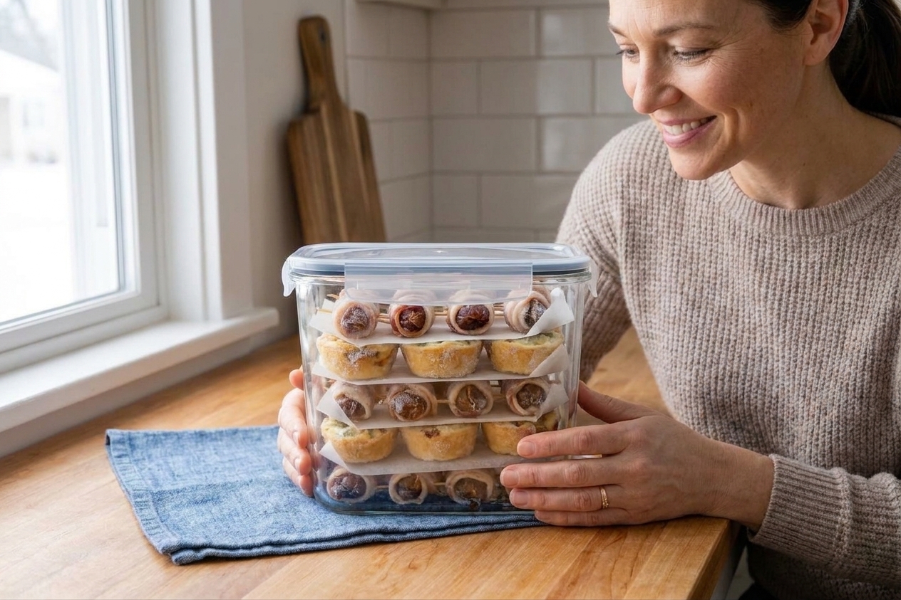 A clear airtight container filled with frozen appetizer bites separated by parchment paper