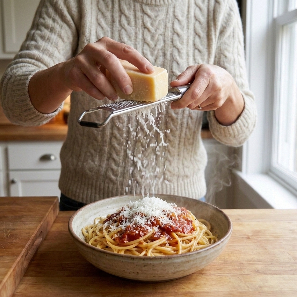 A close-up of grated Parmesan being sprinkled over a bowl of pasta on a kitchen counter