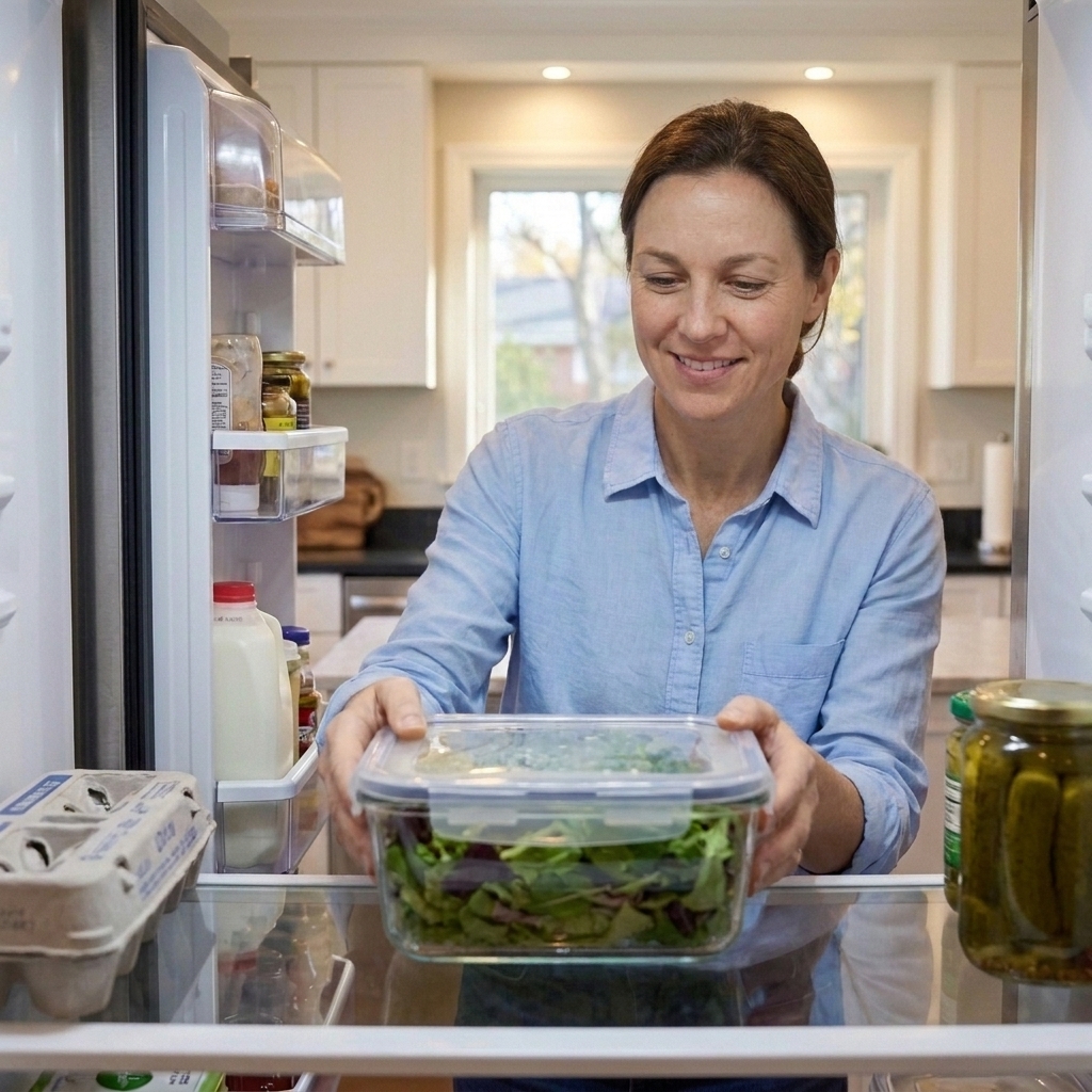A container of washed salad greens drying and ready to use in the refrigerator