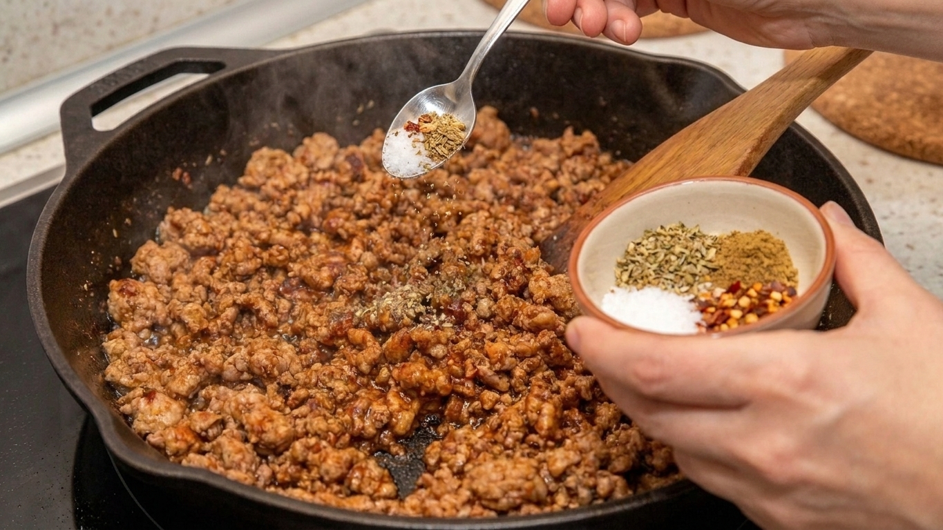 A cook sprinkling salt and spices over ground turkey as it browns in a skillet on a home stove