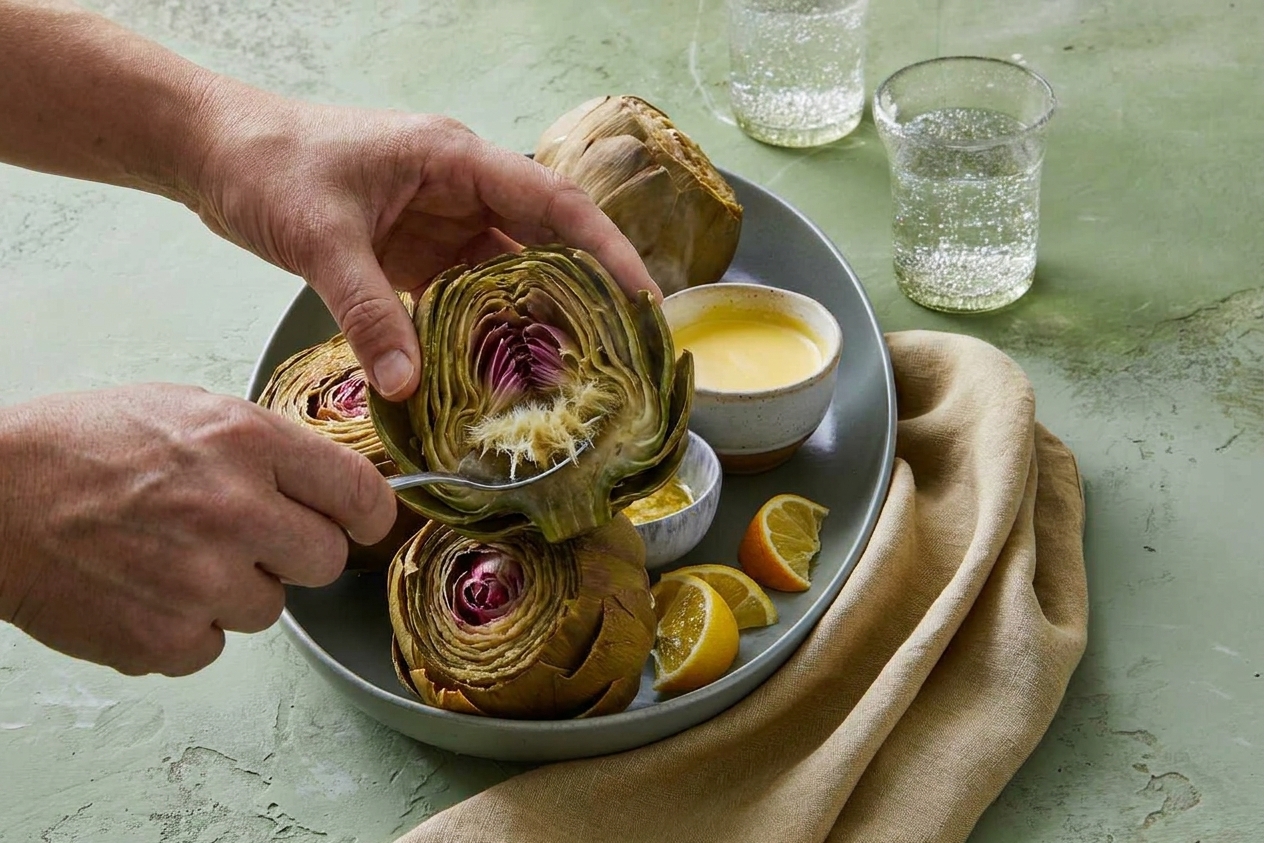 A cooked artichoke opened with the fuzzy choke exposed and a spoon lifting the choke out