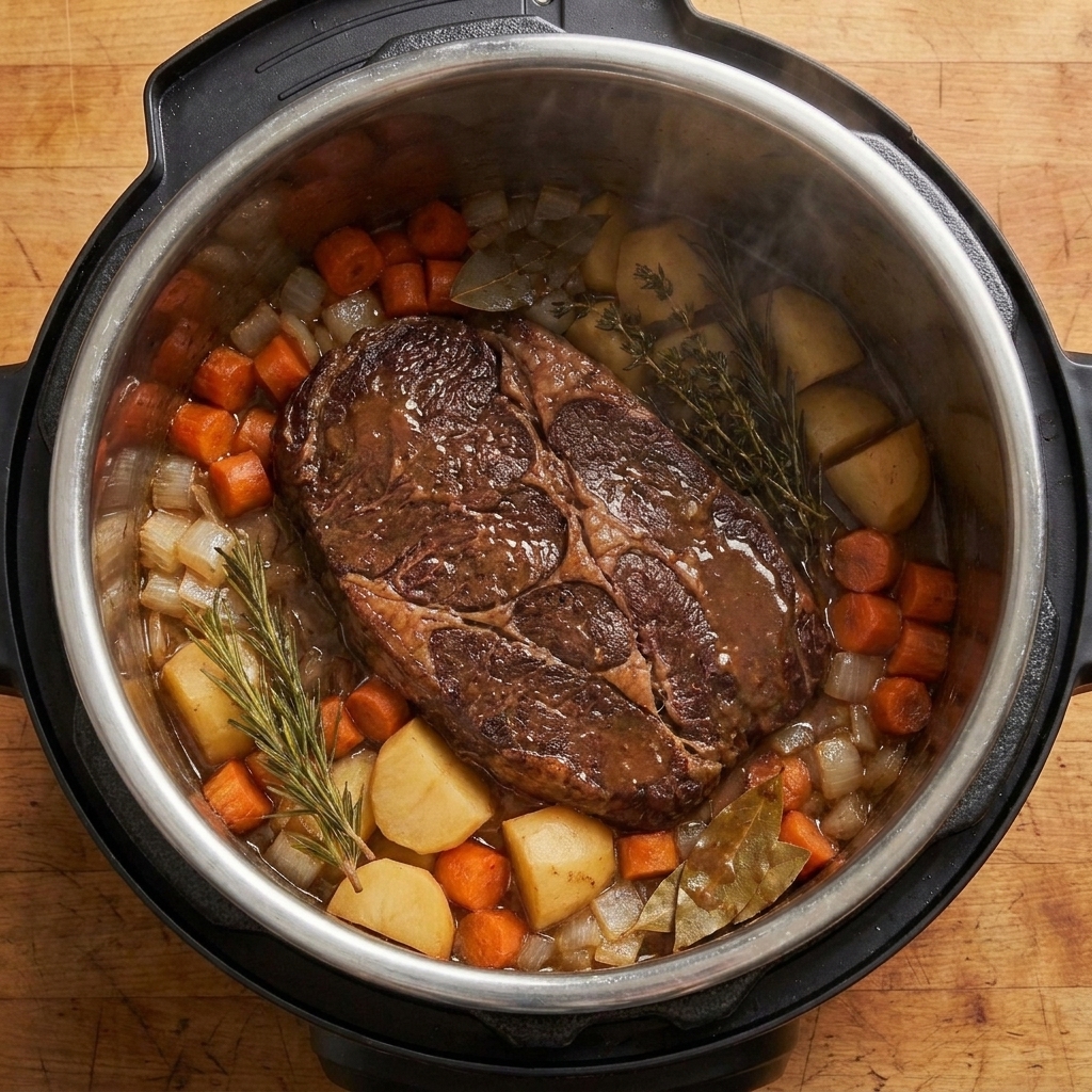 A cooked pot roast in an Instant Pot insert with carrots and potatoes, with rich brown broth around the meat