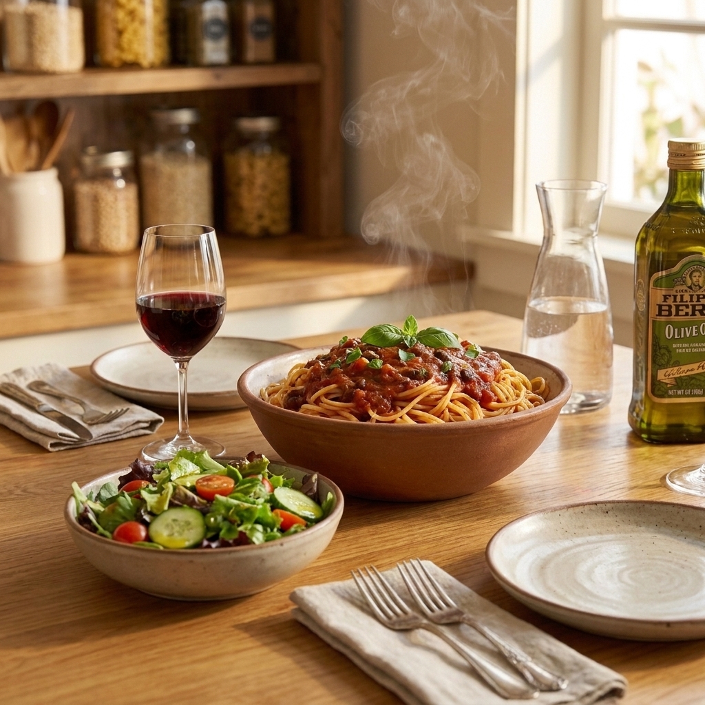 A cozy dinner table set with bowls of pasta and a simple salad in warm evening light