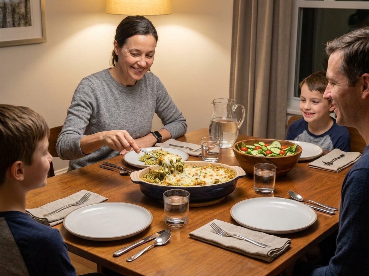 A cozy dinner table with a casserole dish of pasta bake, a simple salad, and water glasses set for a family meal