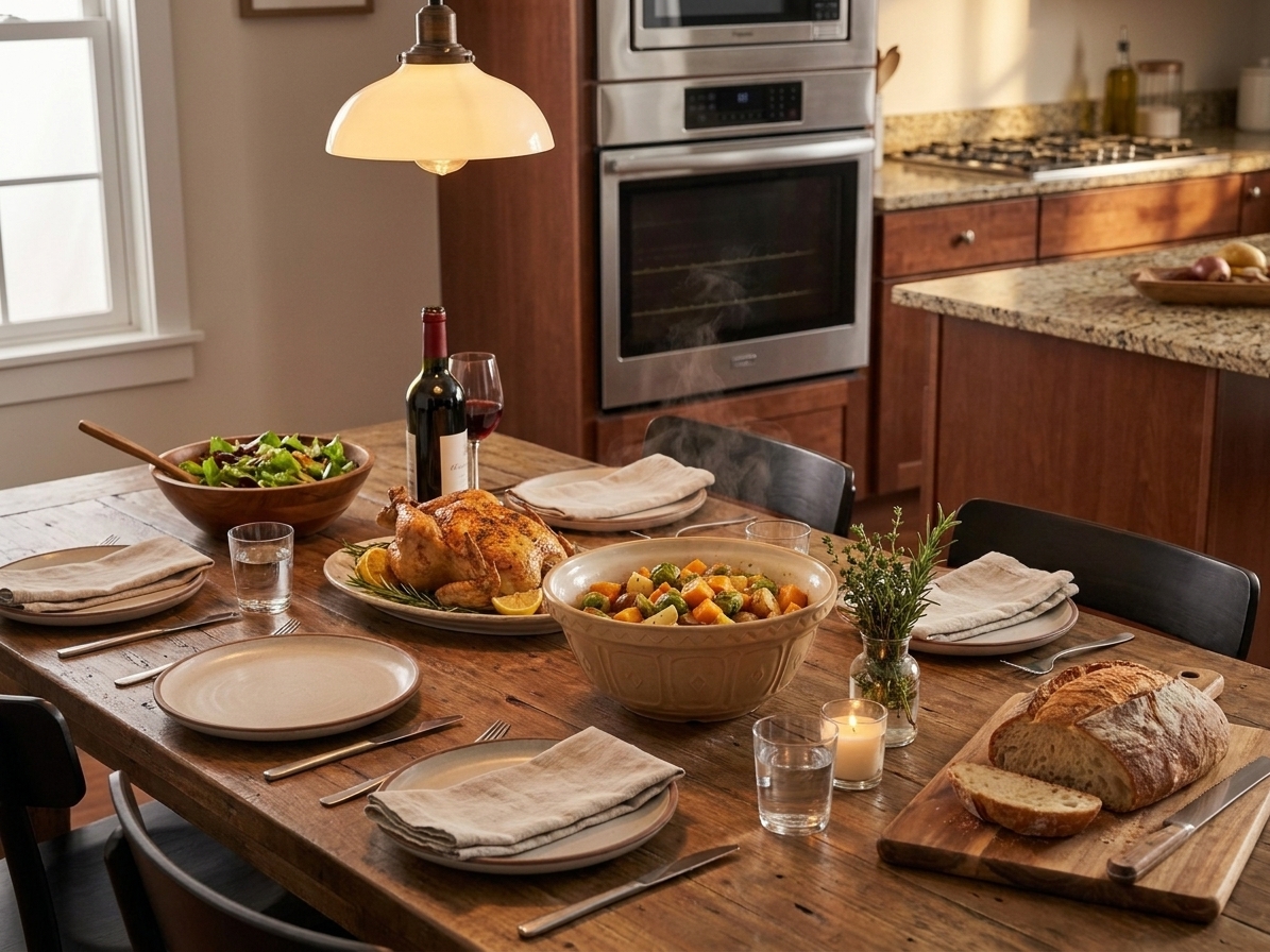 A cozy dinner table with a serving bowl of roasted vegetables alongside simple weeknight dishes