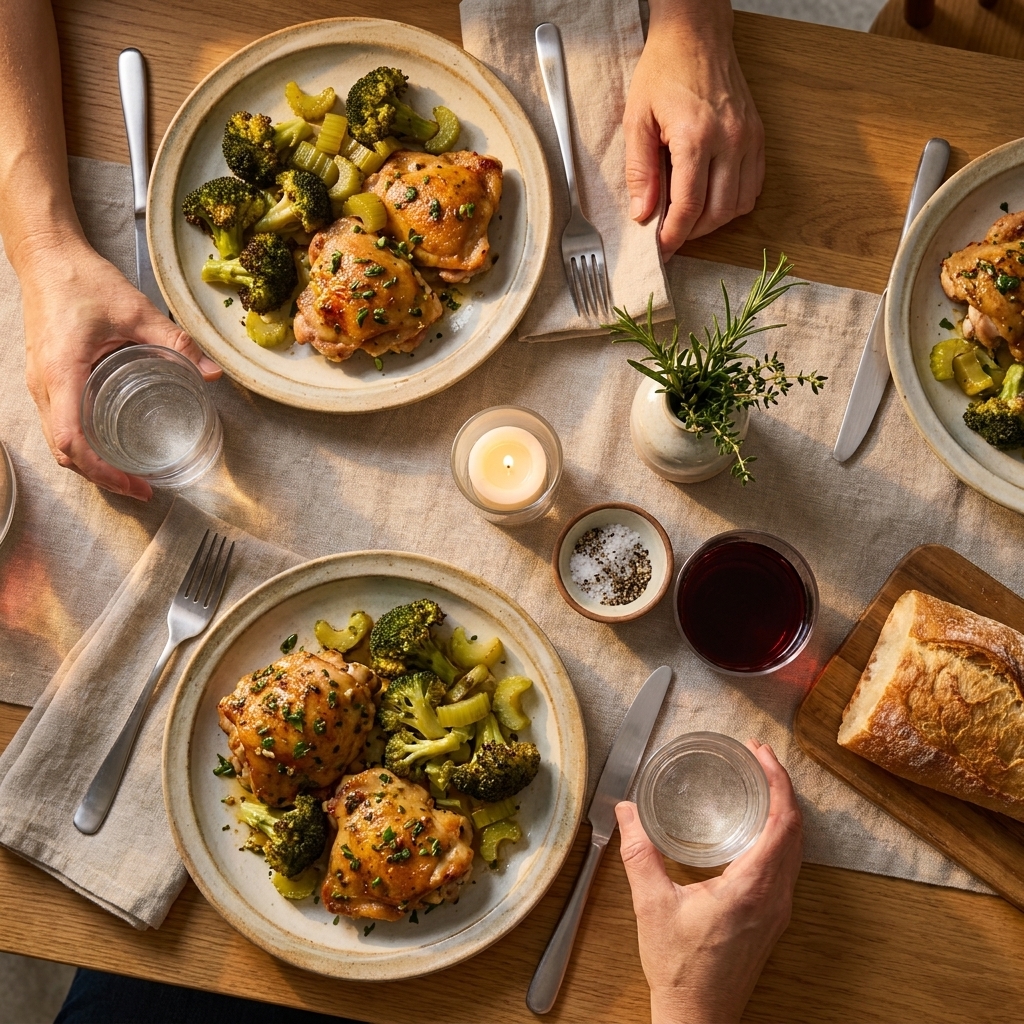 A cozy dinner table with two plated servings of a roasted sheet pan meal and simple flatware, warm evening light