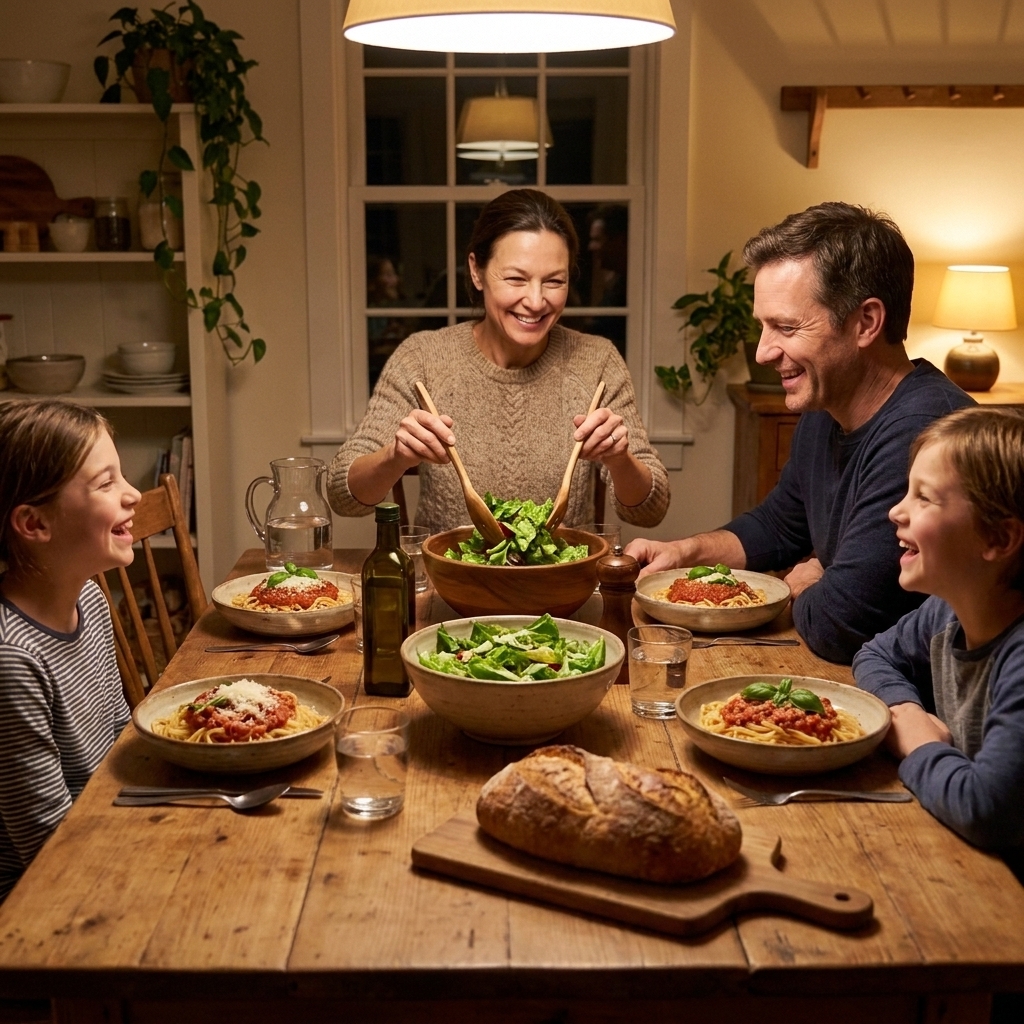 A cozy family dinner table set with bowls of pasta and a simple salad, warm evening lighting